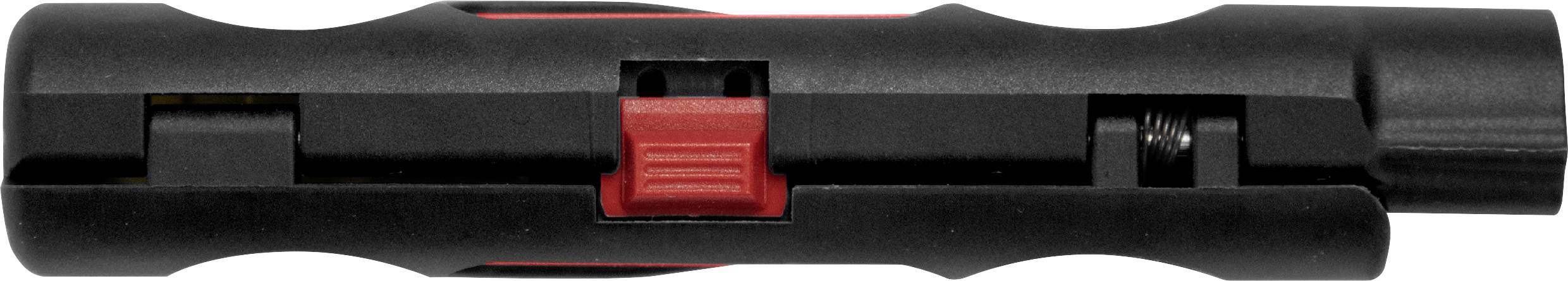 Schwarzes und rotes Kunststoffwerkzeug mit einem Schiebemechanismus in der Mitte. Wird für Druckanschlüsse verwendet.
