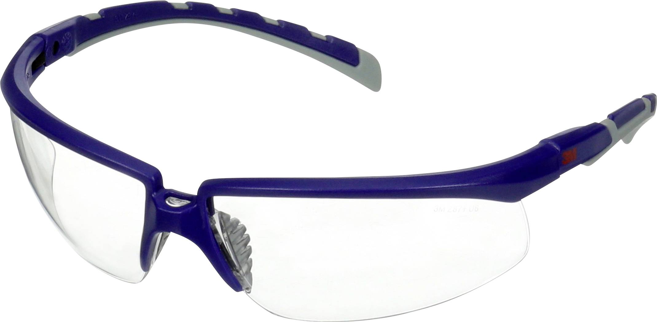 Schutzbrille mit blauem Rahmen und klaren Gläsern, geeignet für Sicherheitsanwendungen, um die Augen vor Partikeln zu schützen.
