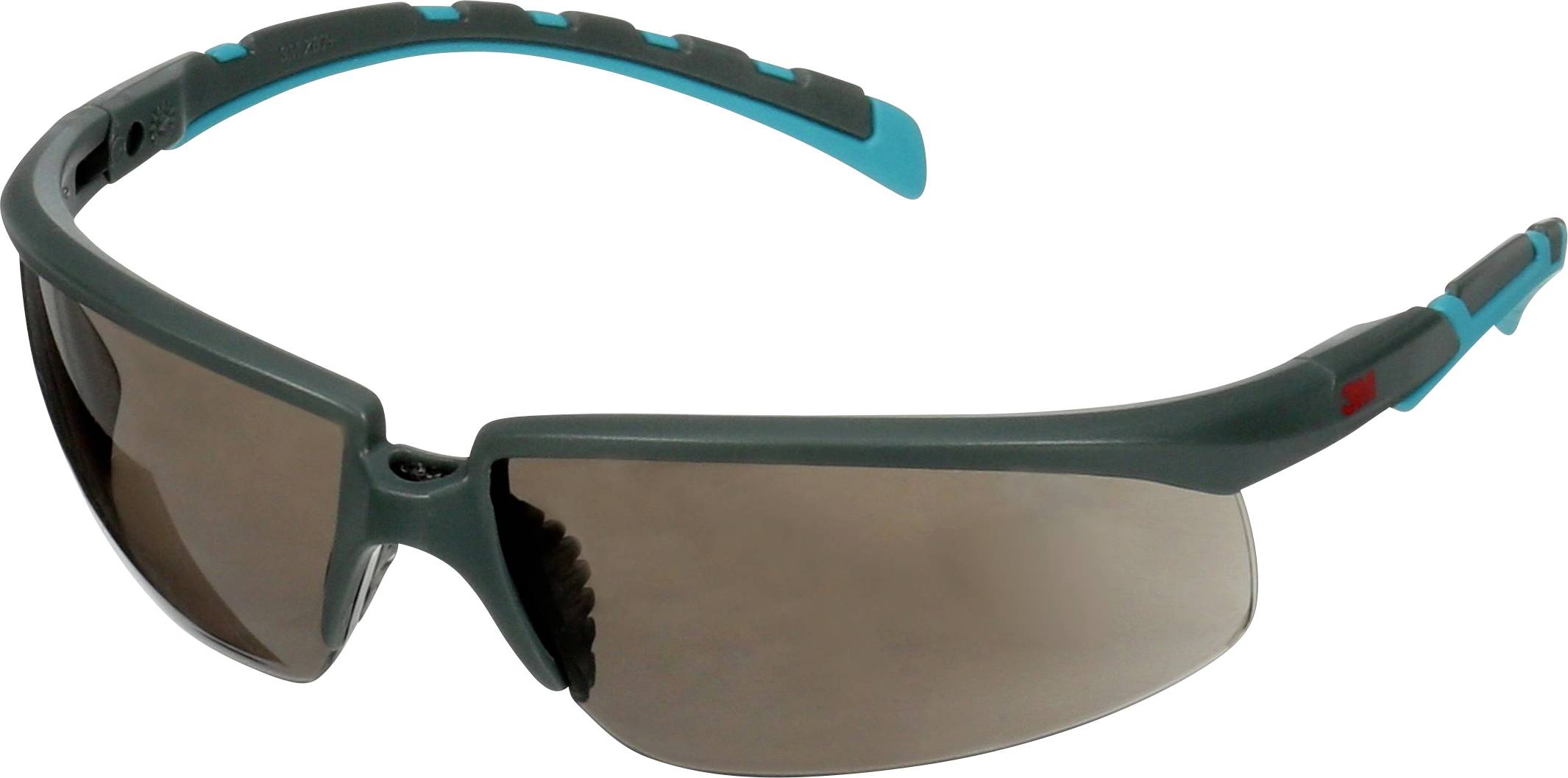 Eine sportliche Sonnenbrille mit grauem Rahmen und blauen Details, geeignet für Outdoor-Aktivitäten.