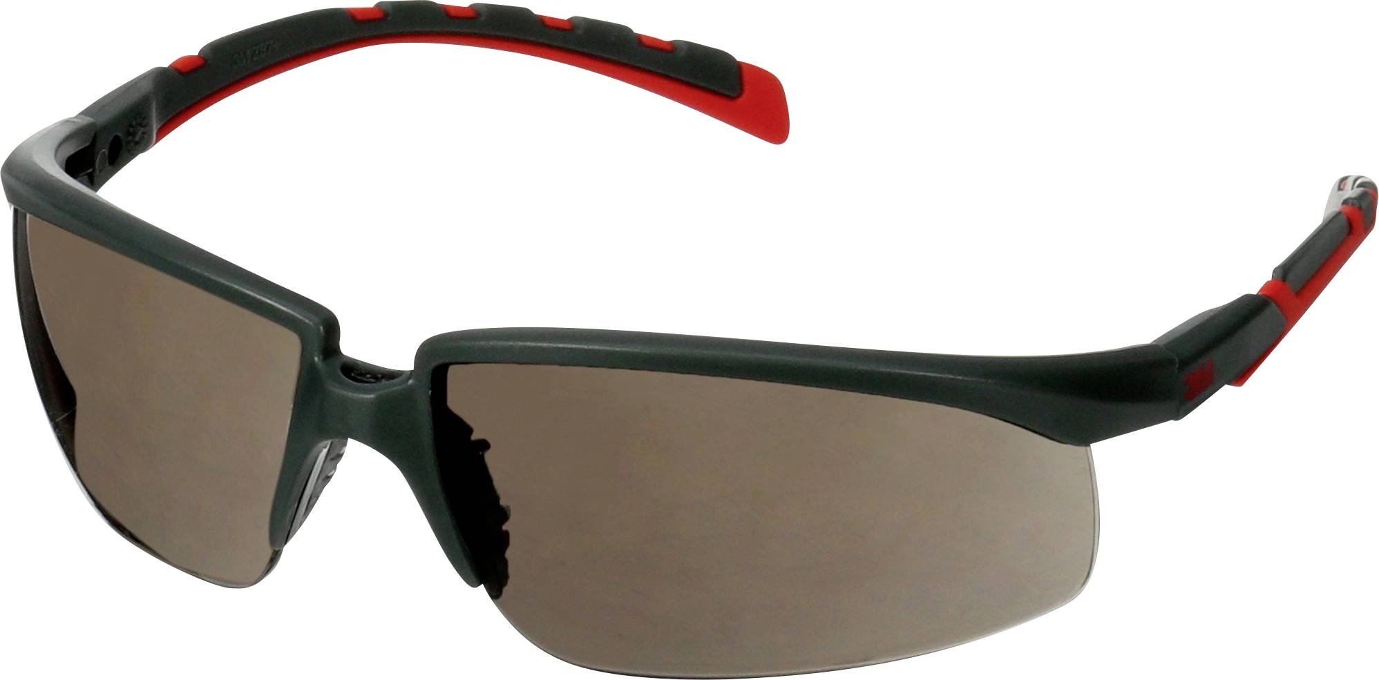 Sonnenbrille mit dunkel getönten Gläsern und einem Gestell aus schwarzem und rotem Kunststoff. Geeignet für sportliche Aktivitäten.