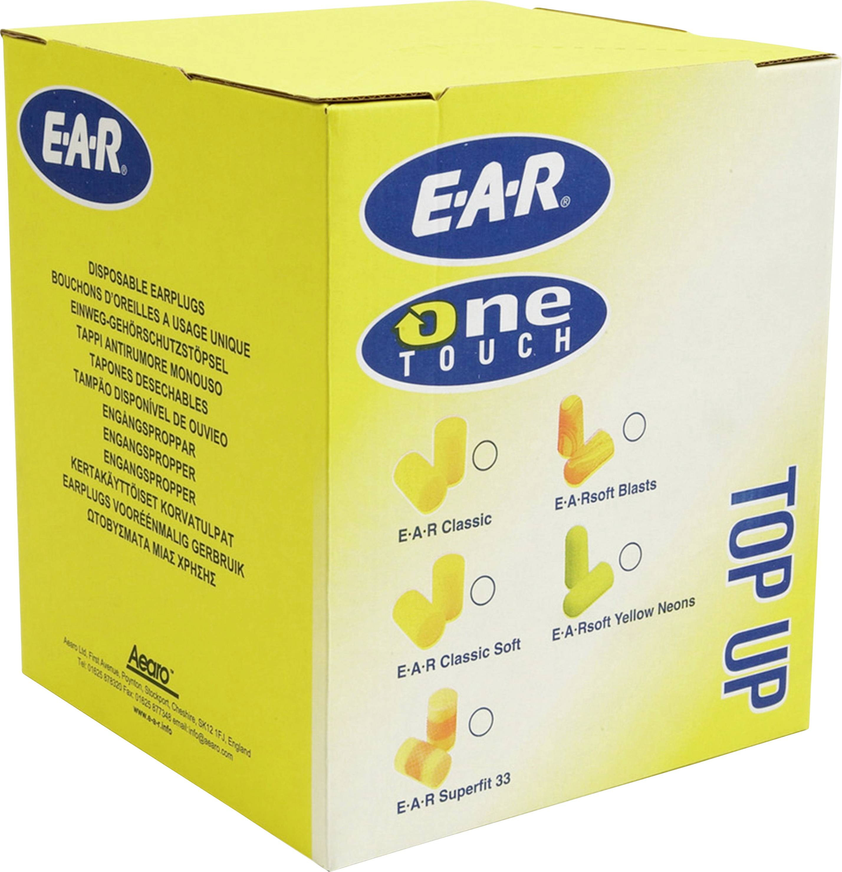 Gelbe Box mit der Aufschrift 'E-A-R' in Blau. Enthält verschiedene Typen von Gehörschutzstopfen. 'One Touch' System zur Entnahme.