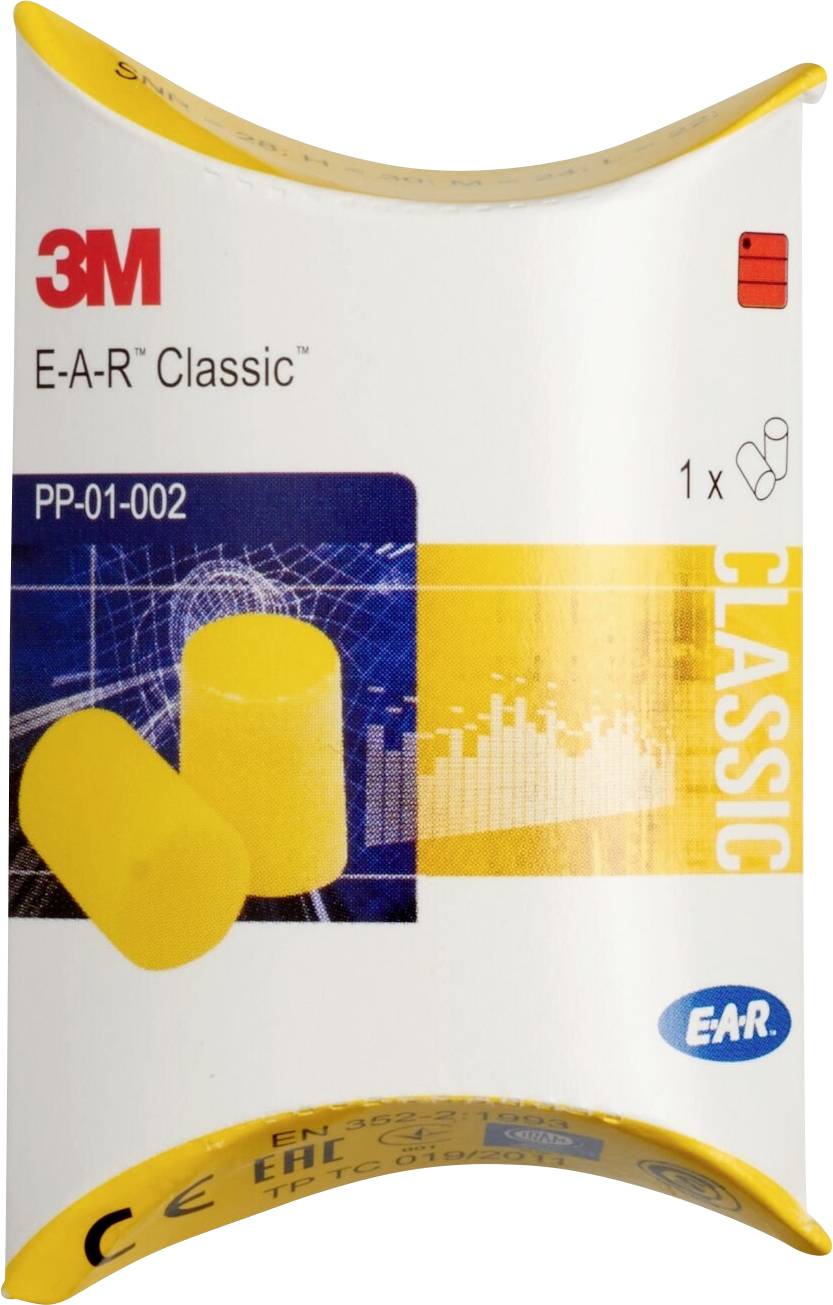 Gelbe Ohrstöpsel auf einer Verpackung der Marke 3M E-A-R Classic. Text zeigt '1x Classic'. Grafik von Schallwellen im Hintergrund.