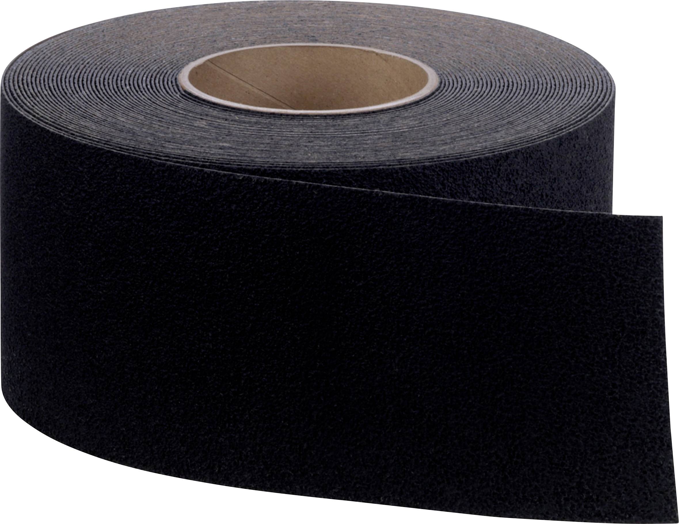 Eine Rolle schwarzes Klebeband steht aufrecht, ein Ende leicht abgerollt.