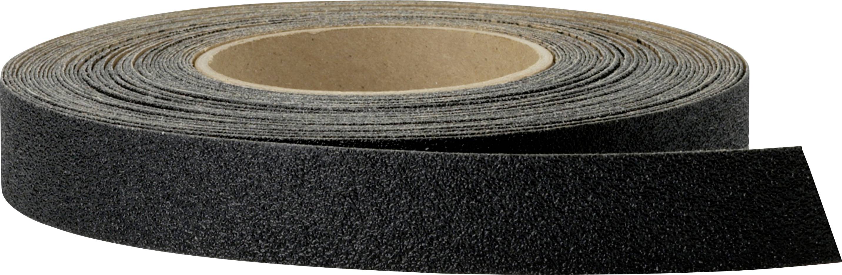 Eine Rolle schwarzes Anti-Rutsch-Klebeband, teilweise abgerollt, auf hellem Hintergrund.