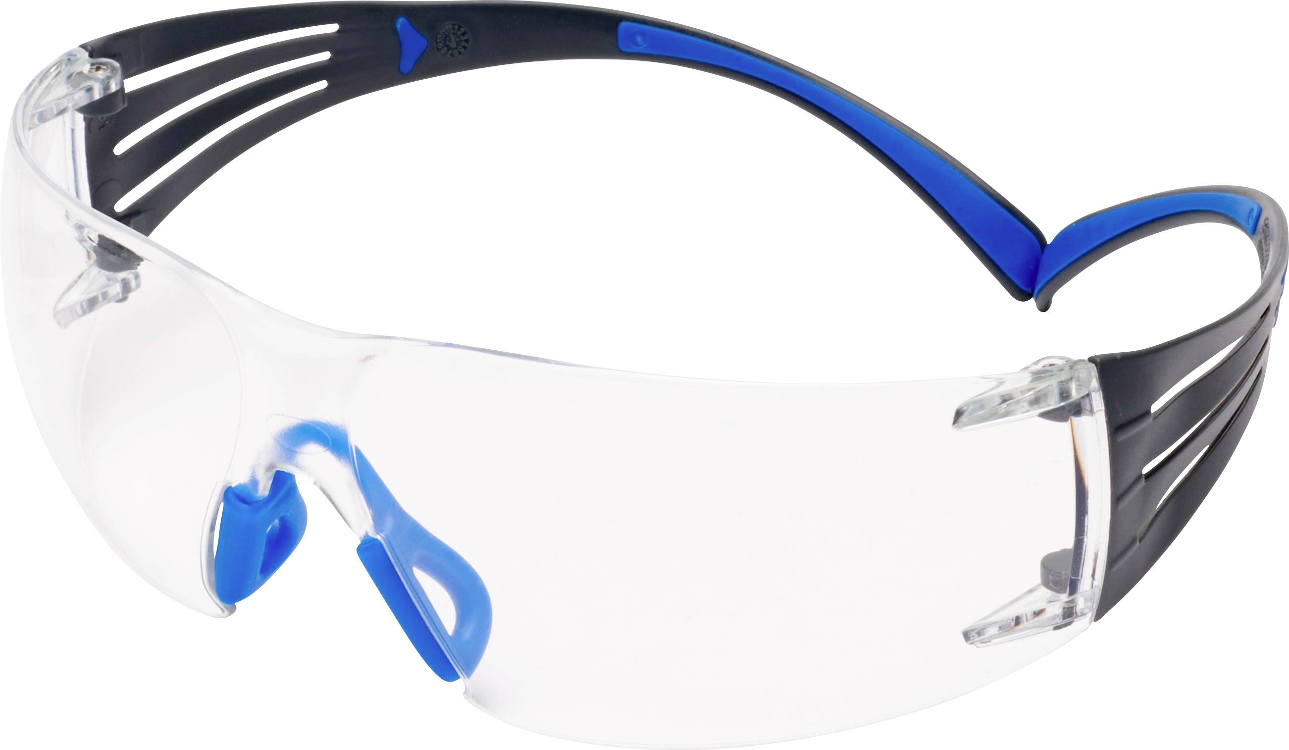 Klare Schutzbrille mit blauen Details und schwarzen Bügeln, geeignet für Augenschutz bei handwerklichen oder industriellen Arbeiten.