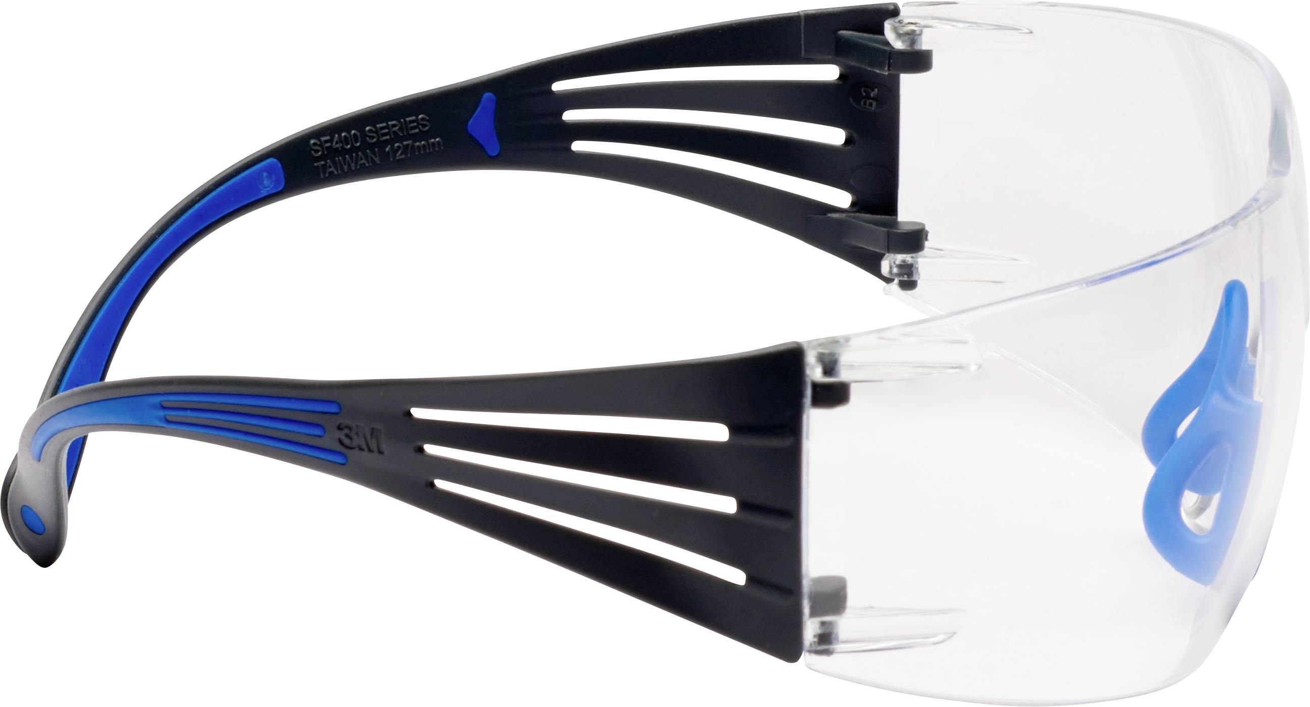 Schutzbrille mit klaren Gläsern, schwarzer und blauer Kunststoffrahmen. Geeignet für Sicherheit und Schutz der Augen.