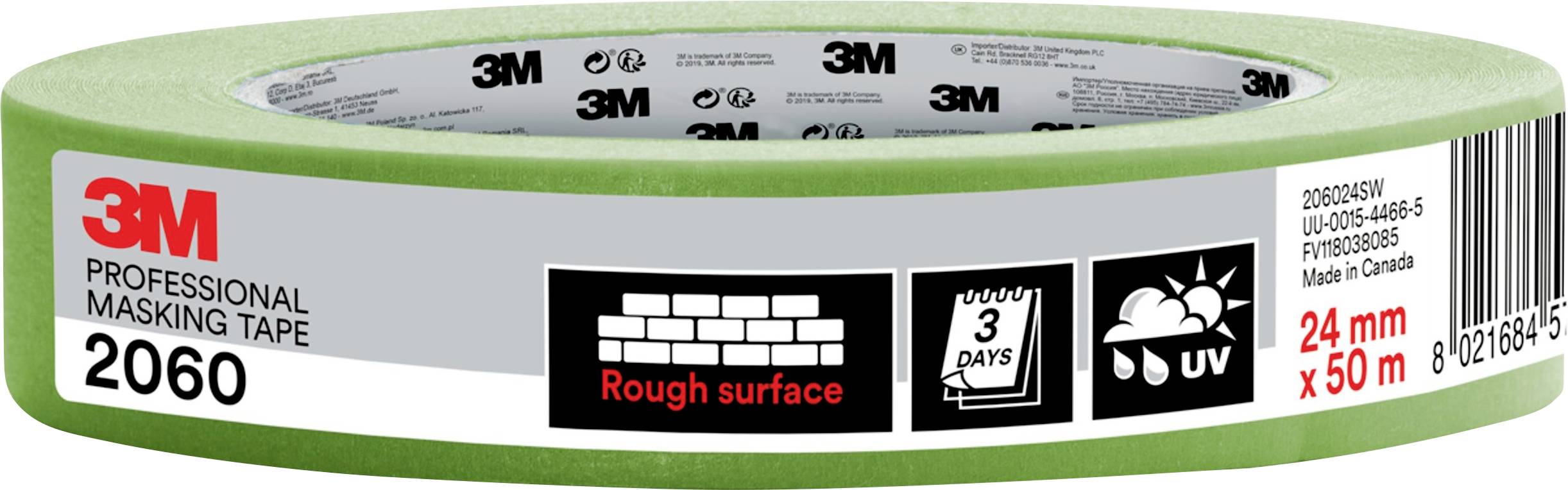 Eine grüne Rolle 3M-Abdeckband für raue Oberflächen, 24 mm x 50 m, geeignet für den Außenbereich, UV- und wetterbeständig, bis zu 3 Tage.