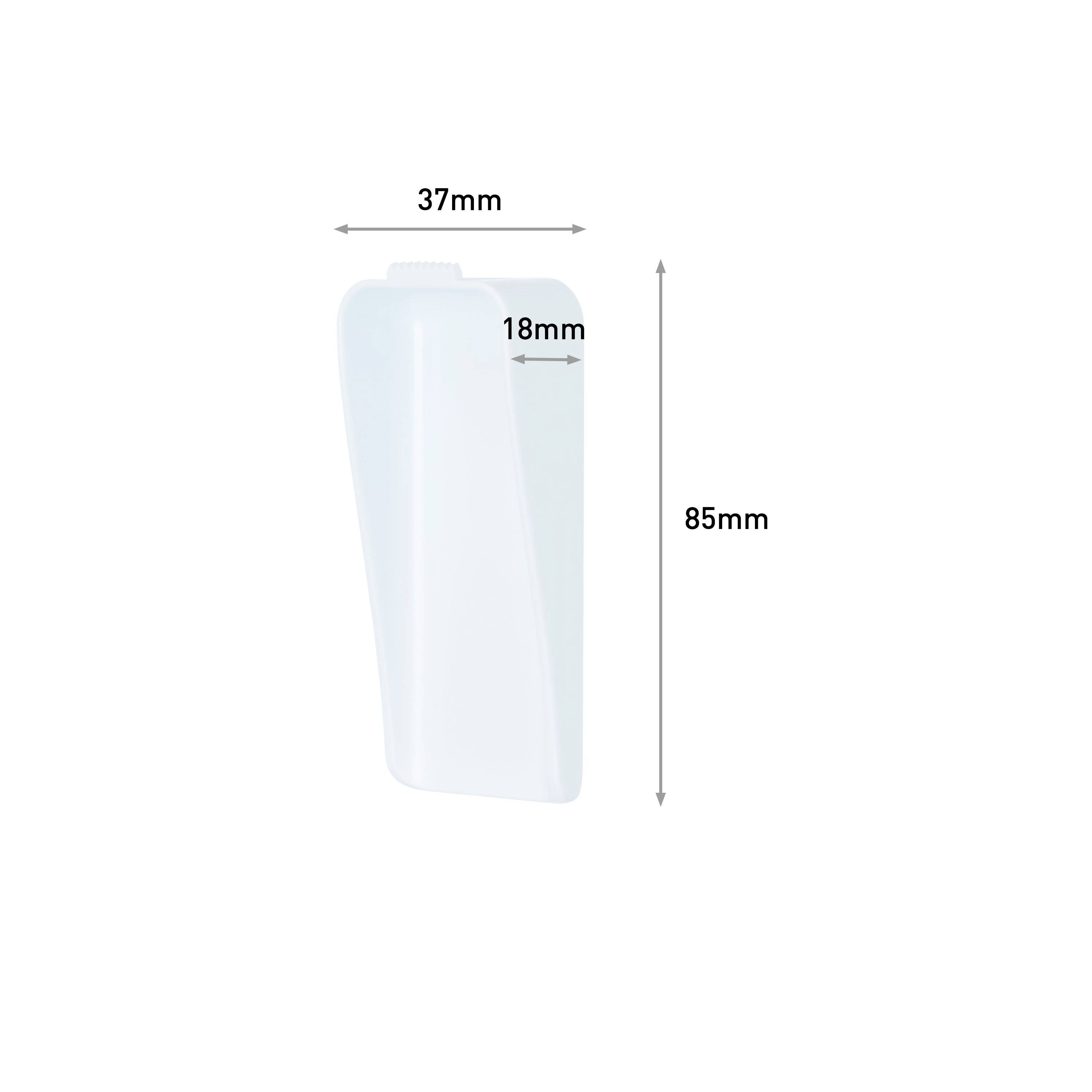 Transparenter Kunststoffbehälter mit den Maßen: Höhe 85 mm, Breite oben 37 mm, Breite unten 18 mm.