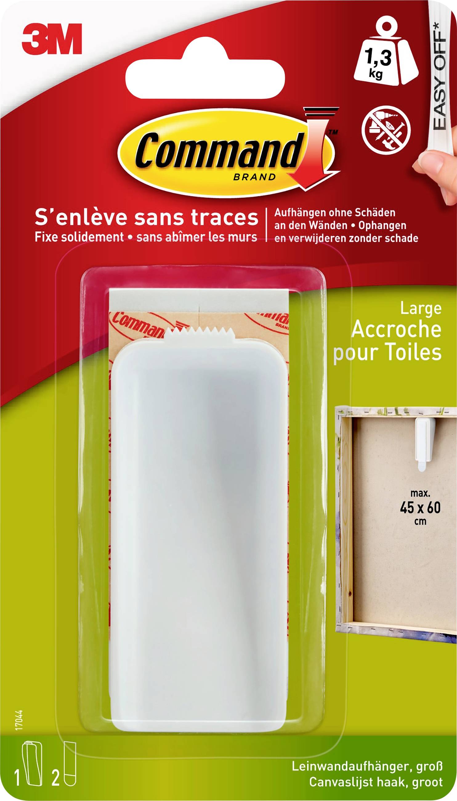 Verpackung eines Command-Befestigungshakens, 1,3 kg Tragkraft, geeignet für große Leinwände, schadet Wänden nicht, max. 45 x 60 cm.