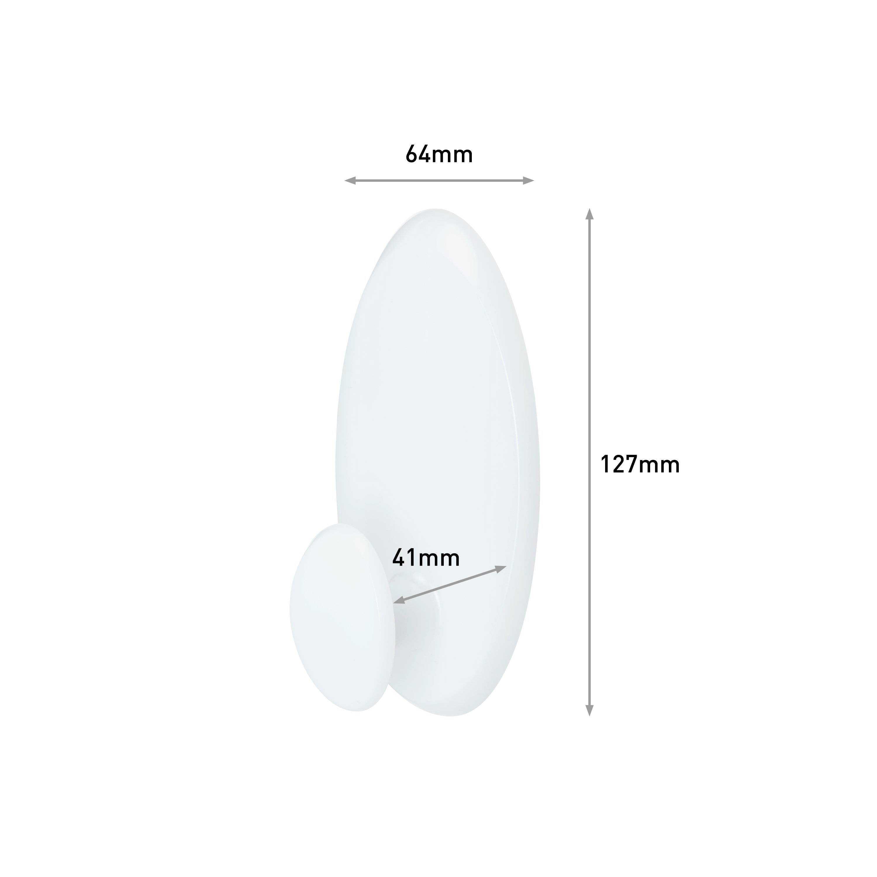 Ein ovaler, weißer Haken mit Abmessungen: 127 mm hoch, 64 mm breit, kleinerer ovaler Teil: 41 mm breit.