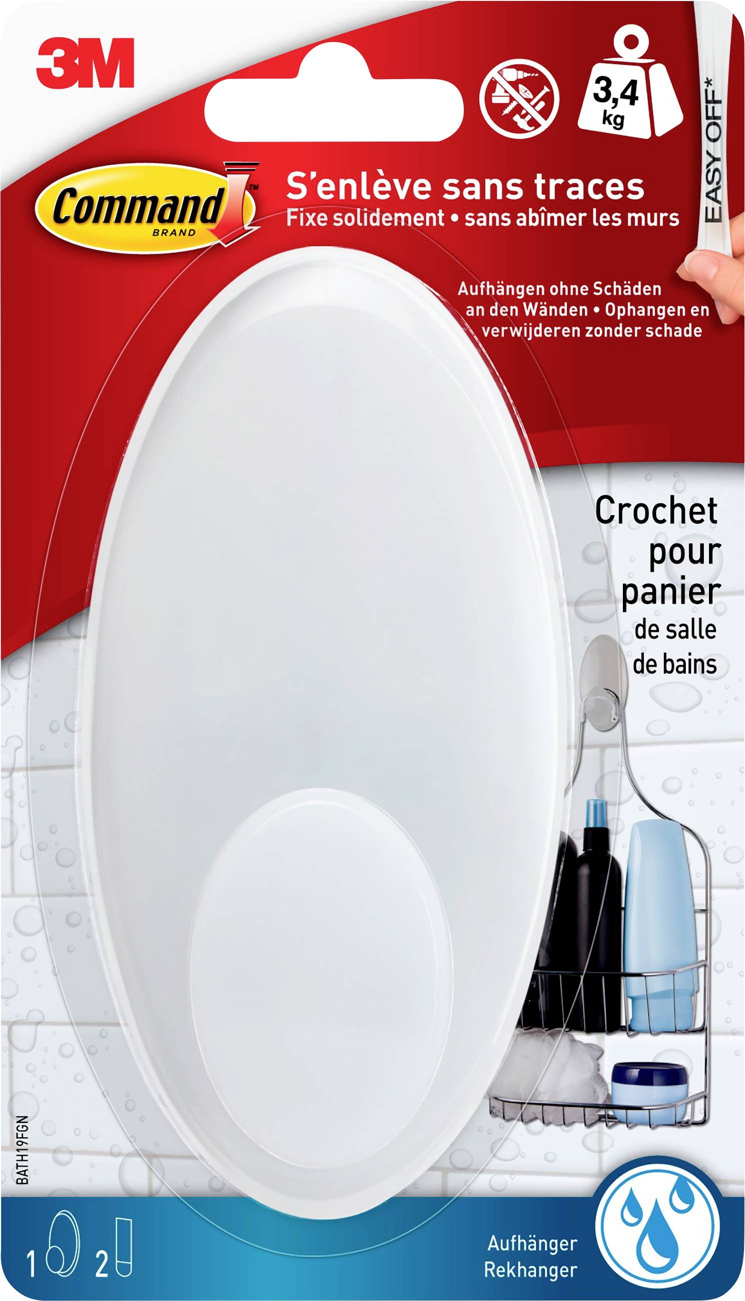 Packung mit einem weißen, selbstklebenden Haken der Marke Command von 3M. Der Haken kann bis zu 3,4 kg tragen und lässt sich rückstandsfrei entfernen. Geeignet für Badezimmerkörbe.
