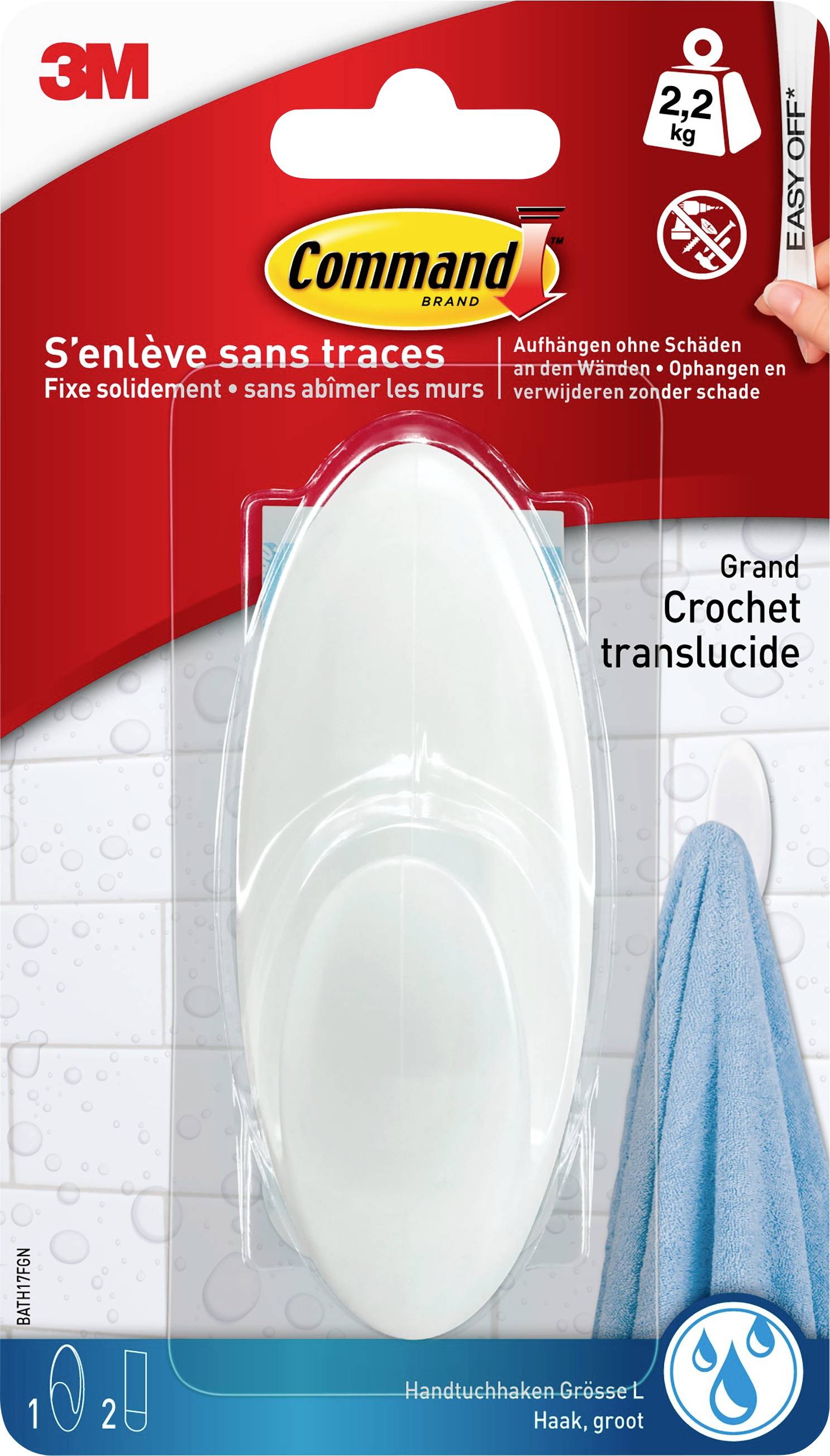 'Command' Hakenpackung mit einem durchsichtigen großen Haken. Belasbarkeit: 2,2 kg. Kein Schaden an Wänden. Inklusive Anleitung.