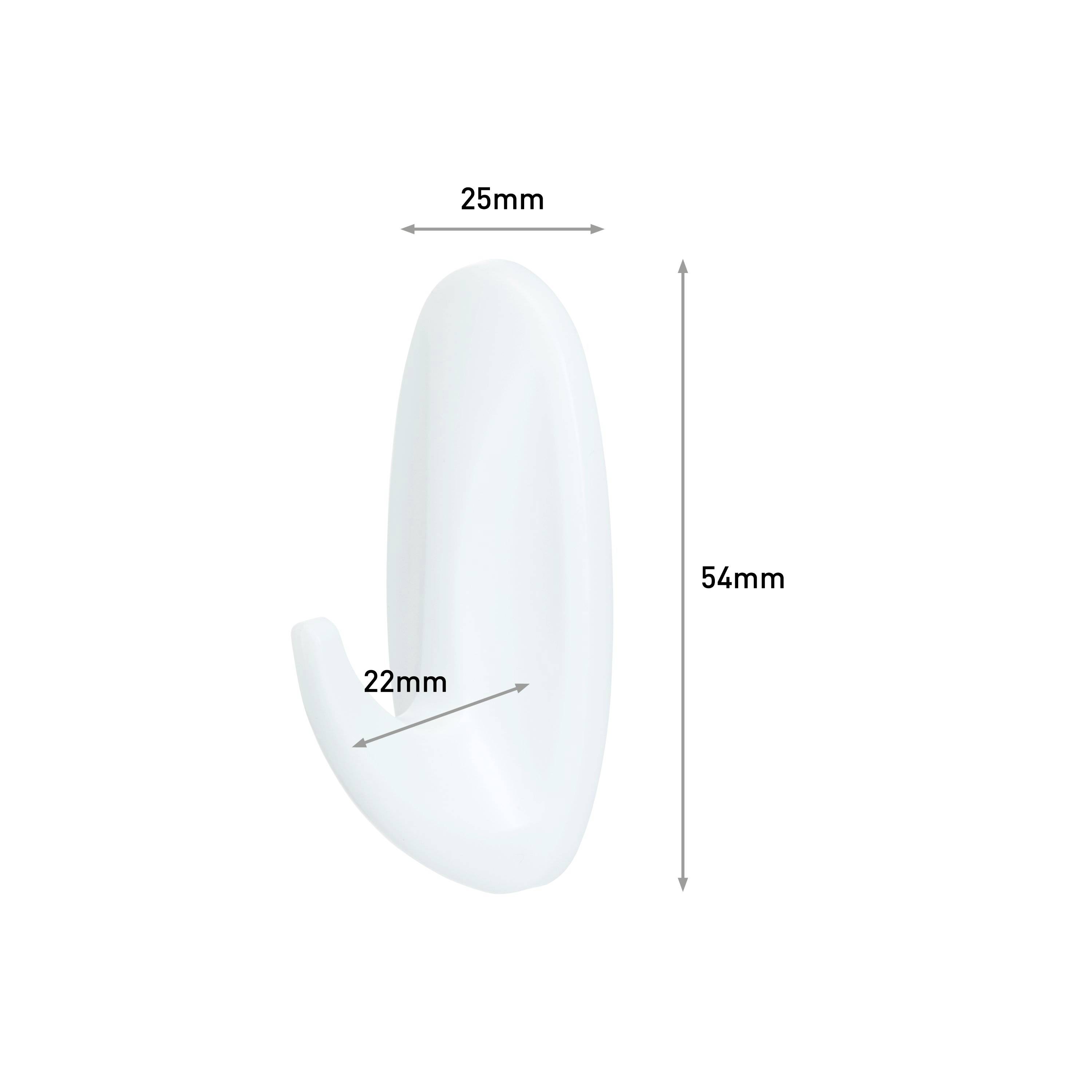 Ein weißer Wandhaken mit den Maßen: Höhe 54 mm, Breite 25 mm, Tiefe 22 mm.