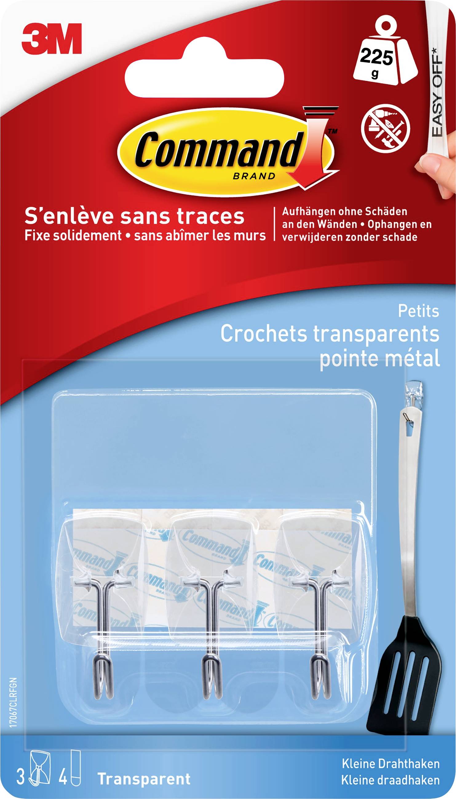 'Command' Haken-Verpackung zeigt transparente Haken und eine Gabel. Belastbar bis 225g. Beschriftung auf Französisch und Englisch.