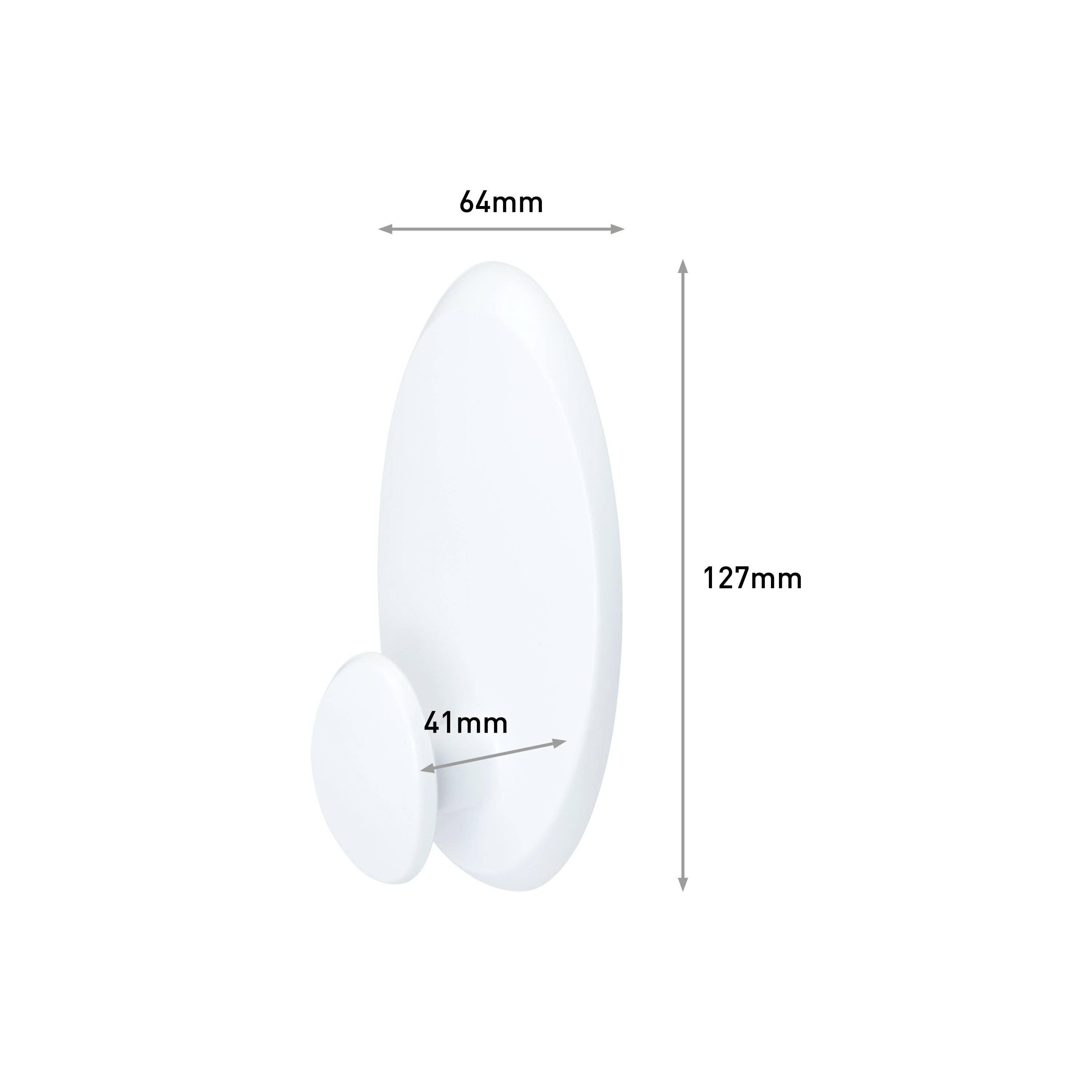 Eine ovale weiße Halterung mit 127mm Höhe und 64mm Breite, einem runden Aufsatz mit 41mm Durchmesser.
