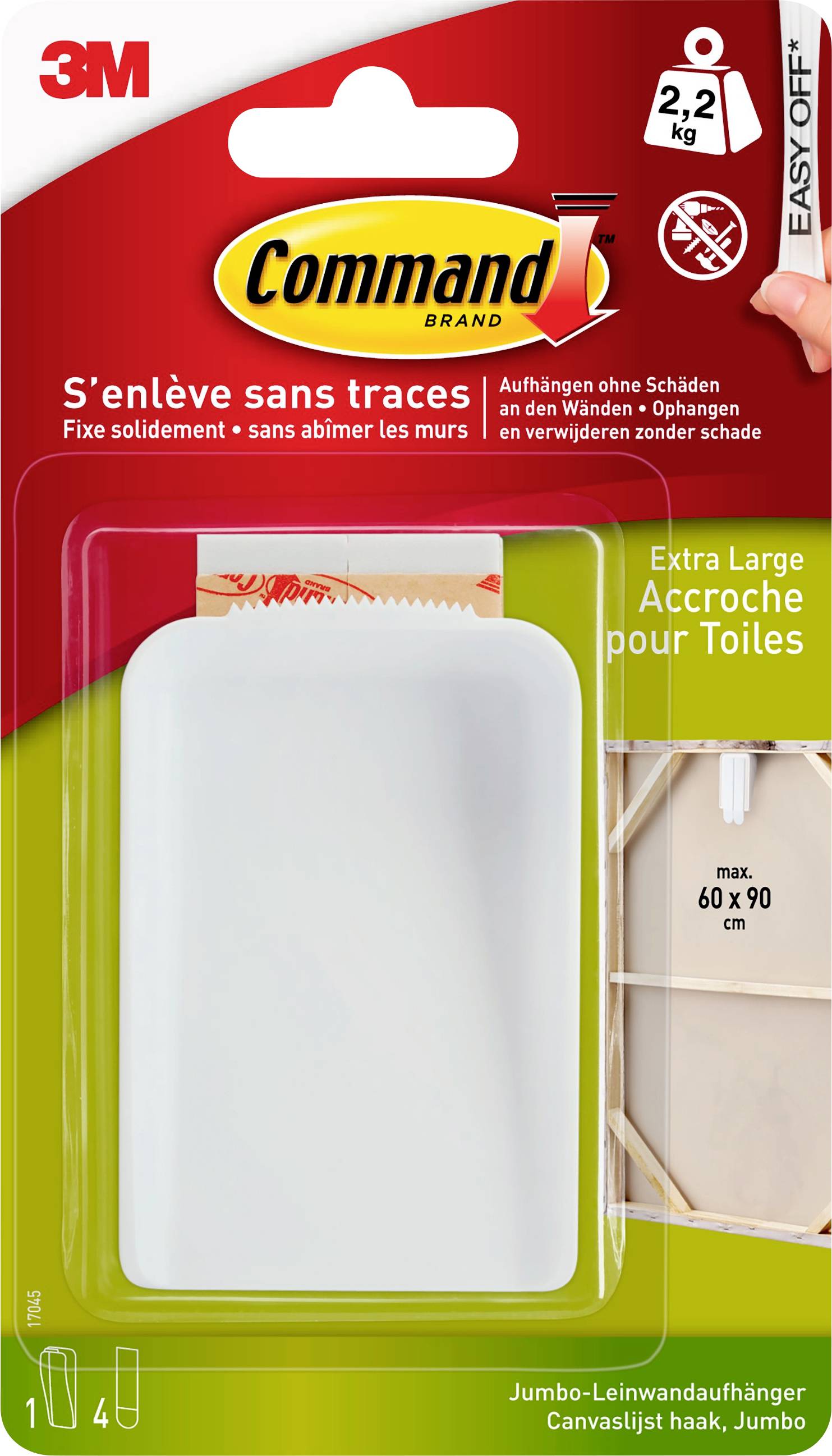 'Command Brand' Haken-Verpackung für Jumbo-Leinwandaufhängung. Belastbar bis 2,2 kg, hinterlässt keine Spuren. Enthält 1 Haken, 4 Streifen.
