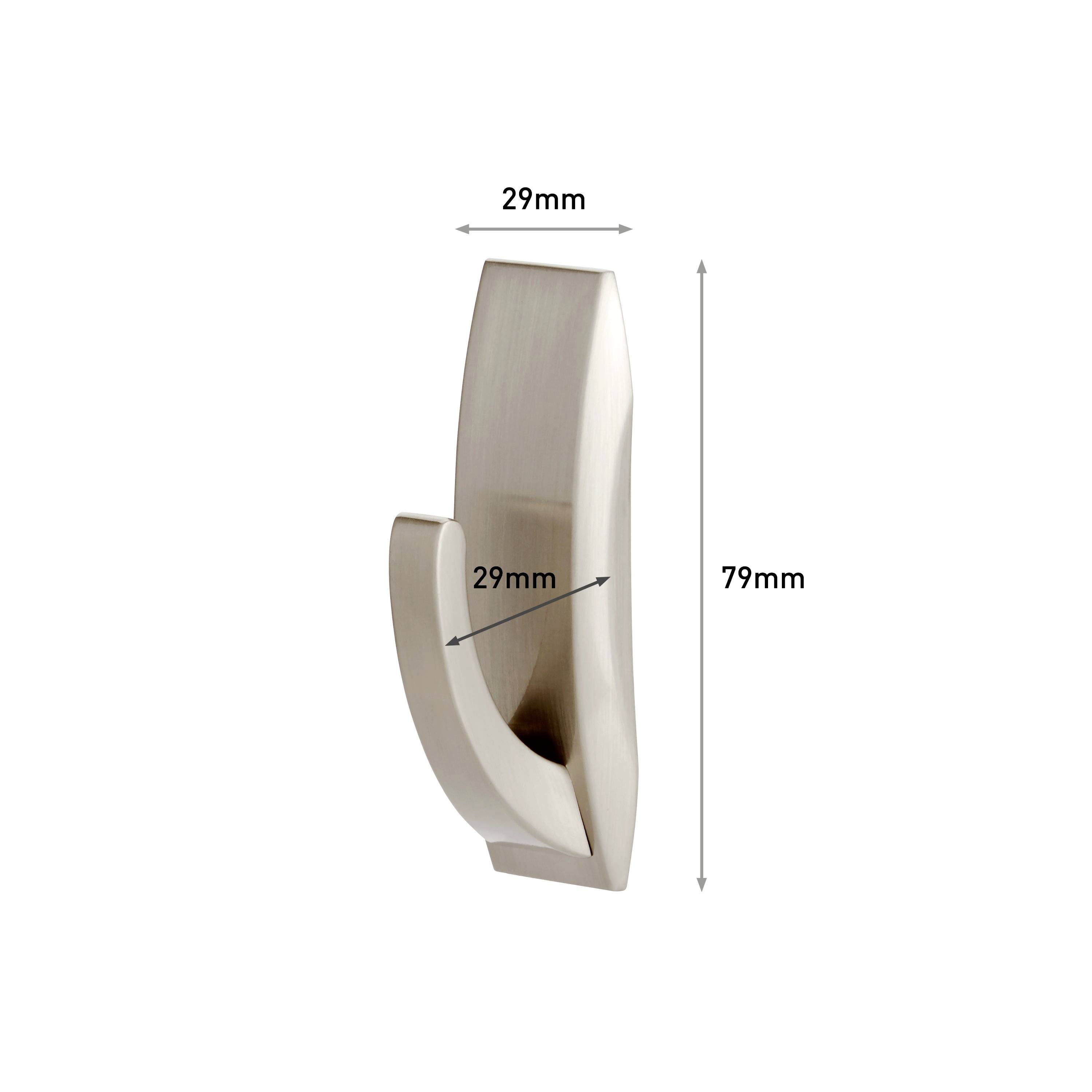 Metallhaken in seitlicher Ansicht mit den Maßen: Breite 29 mm, Höhe 79 mm. Ideal zum Aufhängen von Kleidung oder Handtüchern.