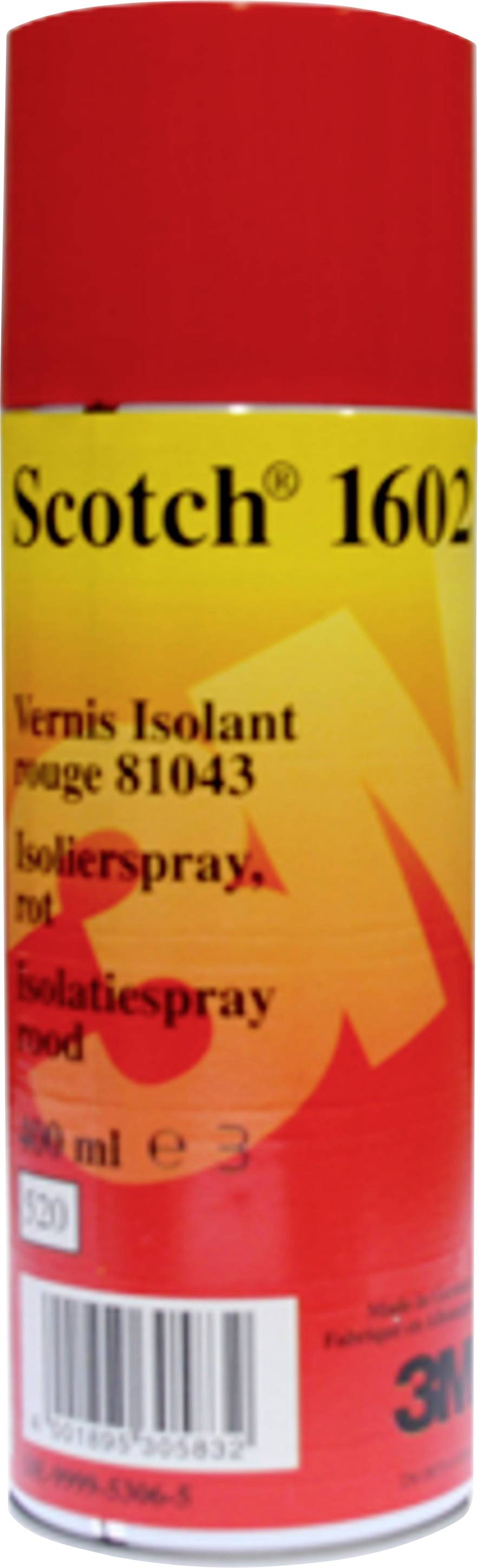 Eine rote Spraydose mit der Aufschrift 'Scotch 1602'. Beschriftung: 'Vernis Isolant rouge 81043, Isolierspray, rot, isolatespray, red'.