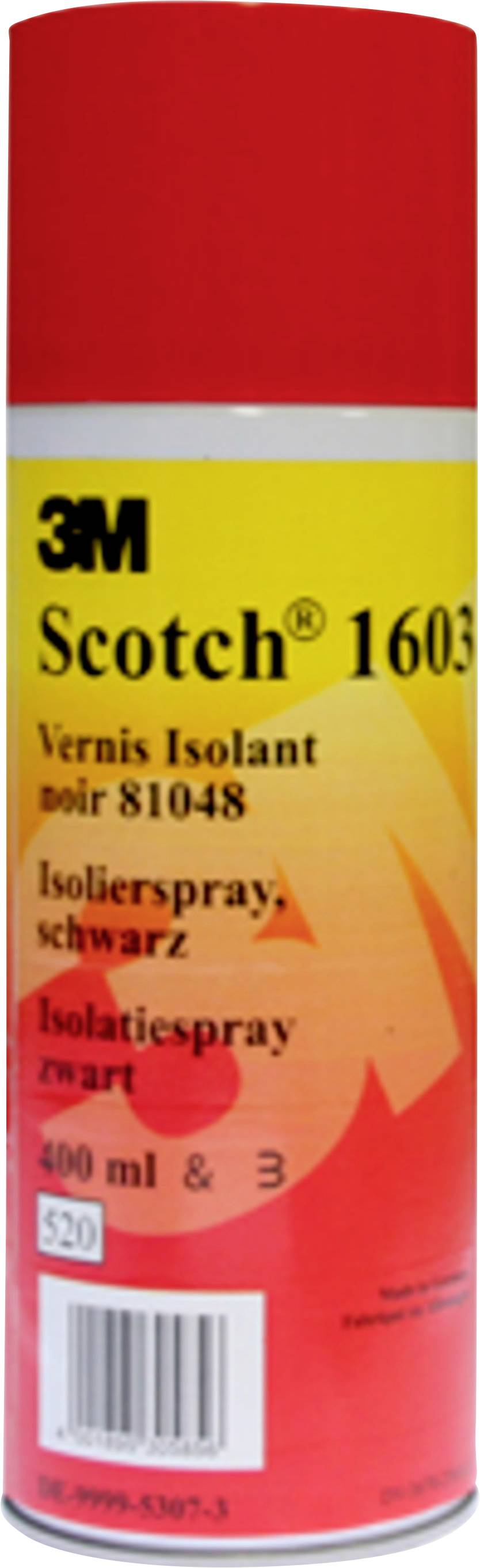 '3M Scotch 1603' Isolierspray in schwarzer Farbe, 400 ml. Rotes und gelbes Etikett mit Produktinformationen.