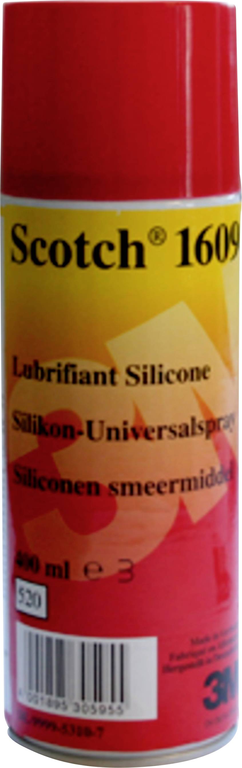 Rote Spraydose 'Scotch 1609' mit 400 ml Silikon-Universalspray als Schmiermittel. Mehrsprachige Beschriftung auf der Dose.