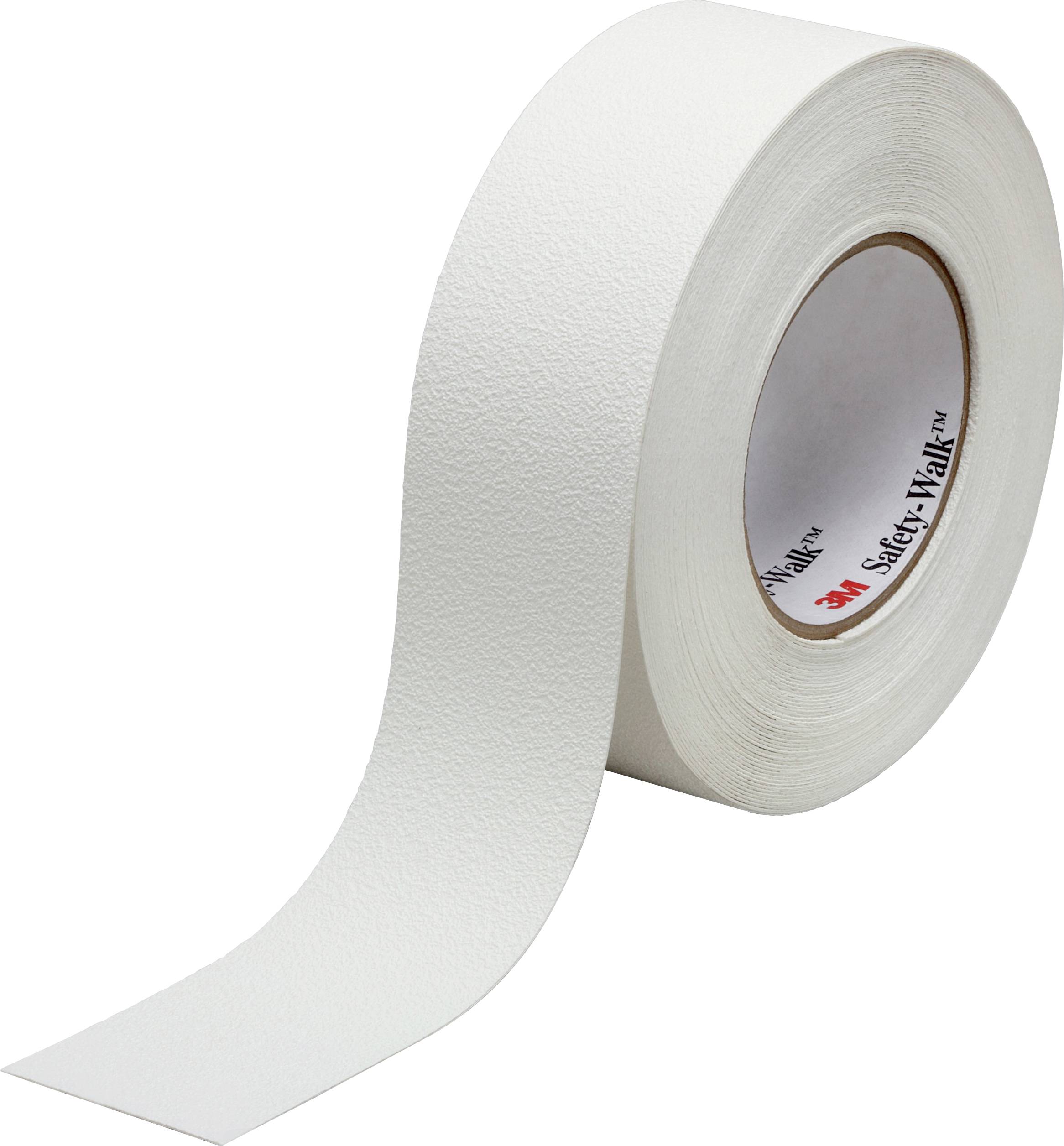 Eine Rolle weißes rutschfestes Klebeband, teils abgerollt, auf weißem Hintergrund.