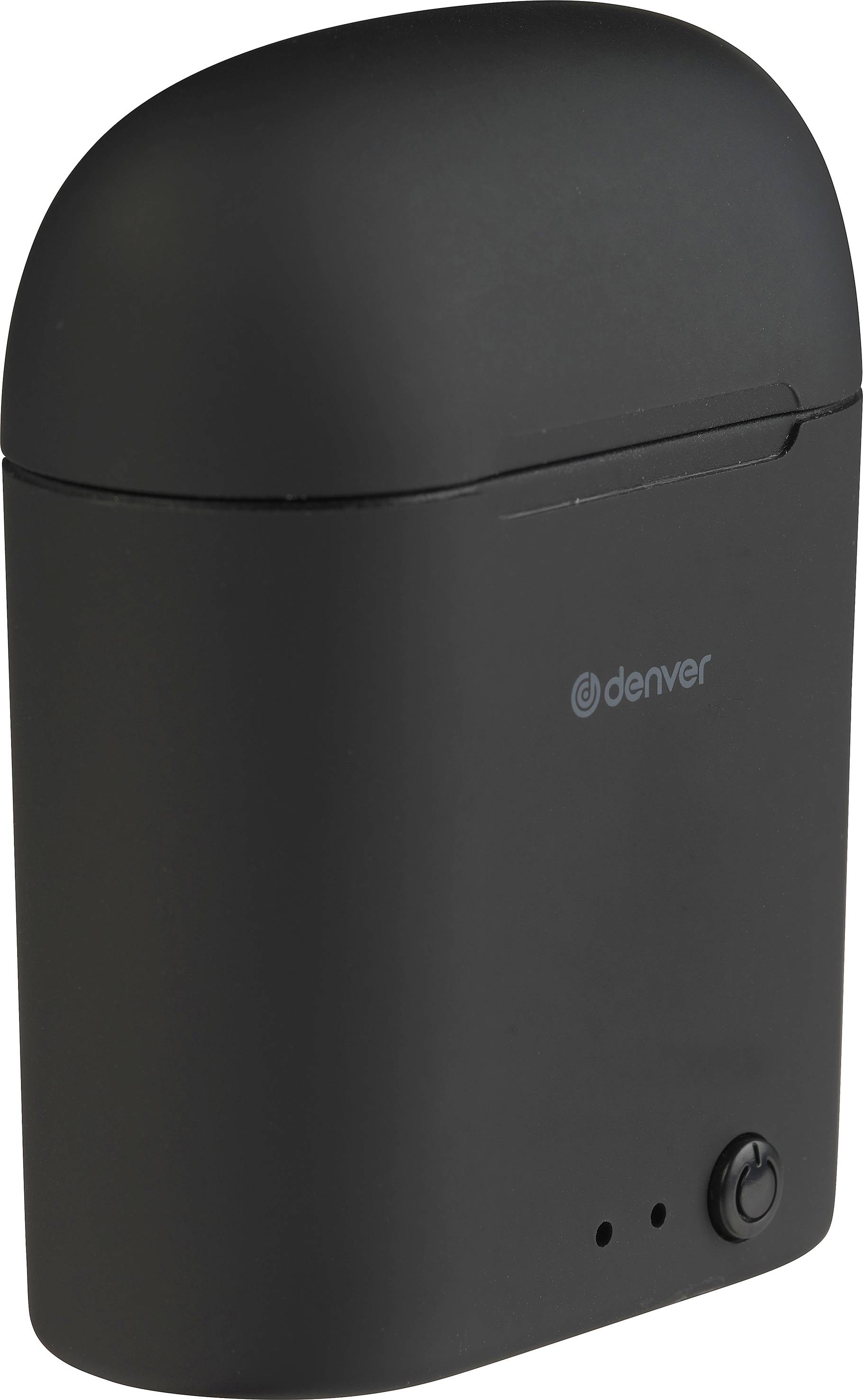 Schwarzes, tragbares Ladeetui mit Deckel, abgerundeten Kanten und Kontrollleuchten. Logo 'denver' auf der Vorderseite.