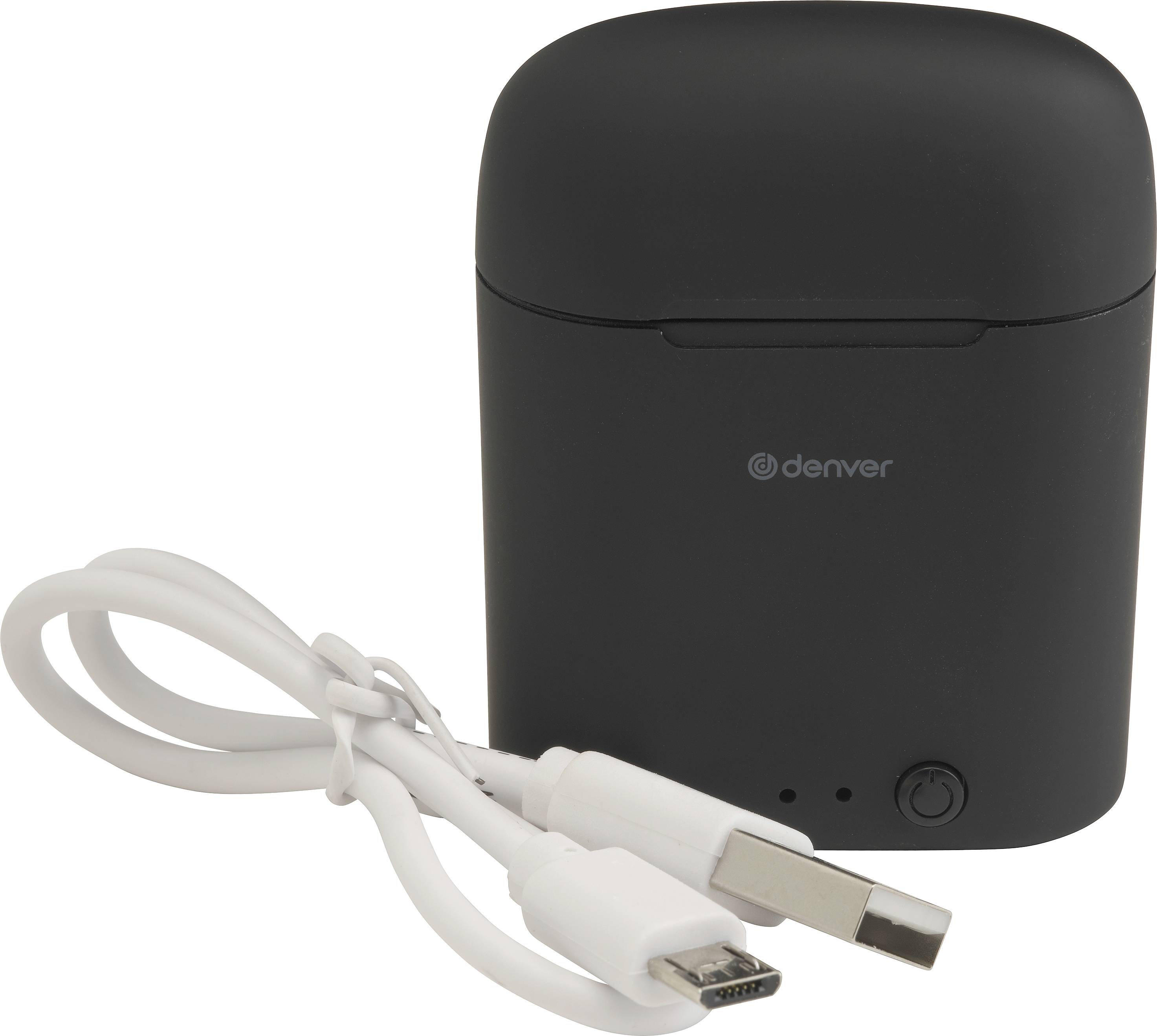 Kabelloses, schwarzes Ladeetui mit dem Markennamen 'Denver', inklusive USB- und Micro-USB-Kabel; verwendet zum Aufladen elektronischer Geräte.