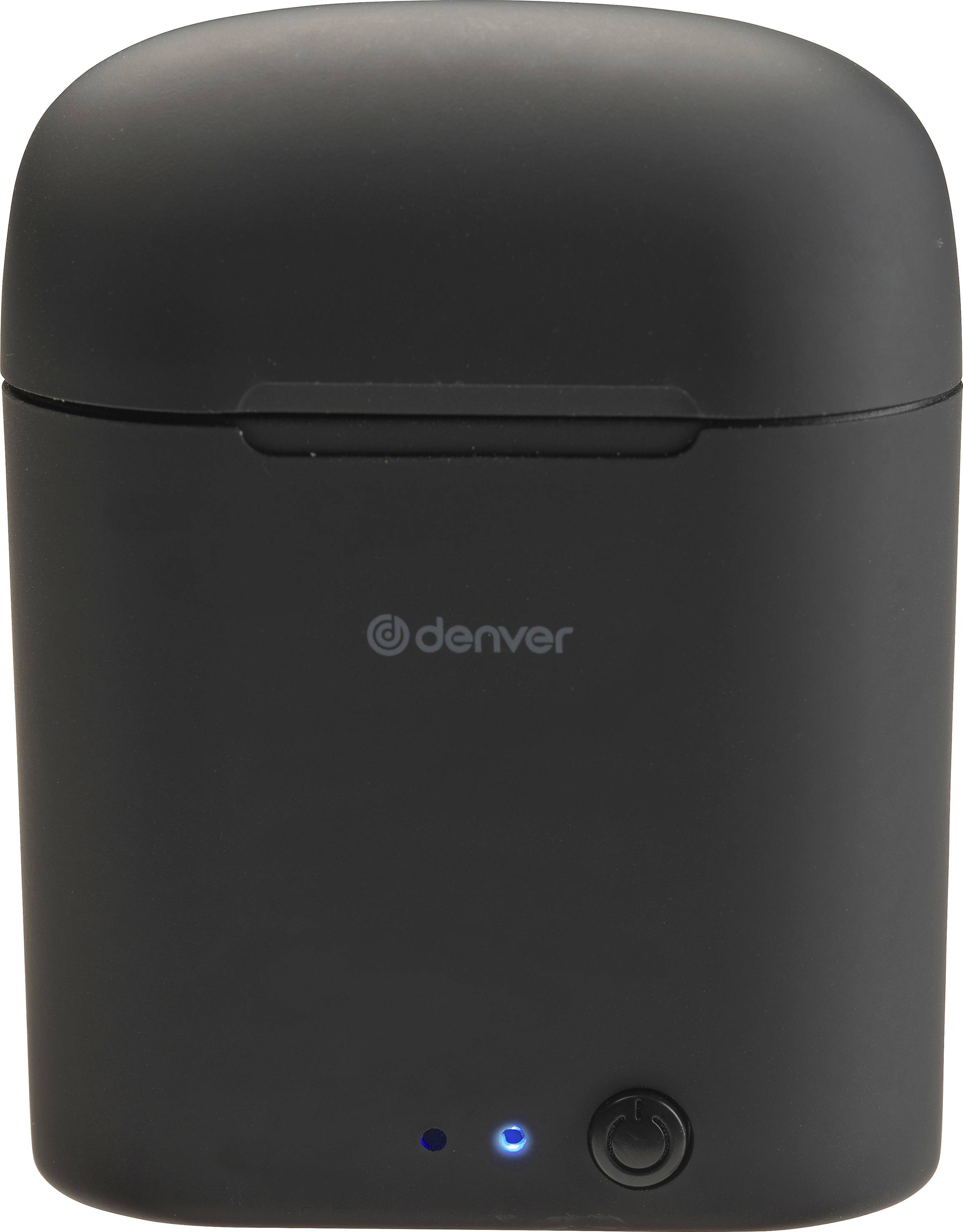 Schwarzes, quadratisches Ladeetui mit Markenlogo und zwei LEDs: eine blaue Anzeige oben, darunter ein runder Einschaltknopf.