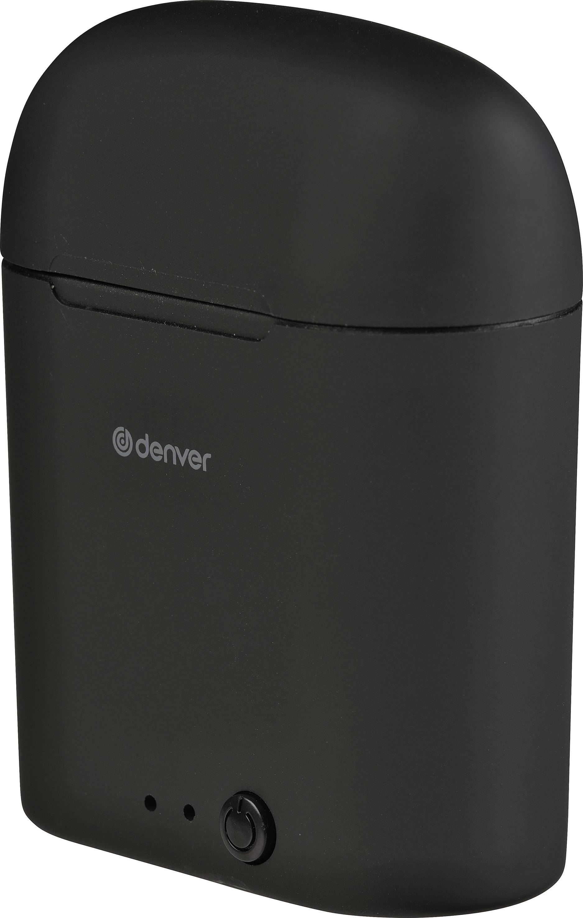 Schwarzes, tragbares Etui mit Denver-Logo, enthält wahrscheinlich drahtlose Ohrhörer. Klappe oben, kleiner Knopf unten.