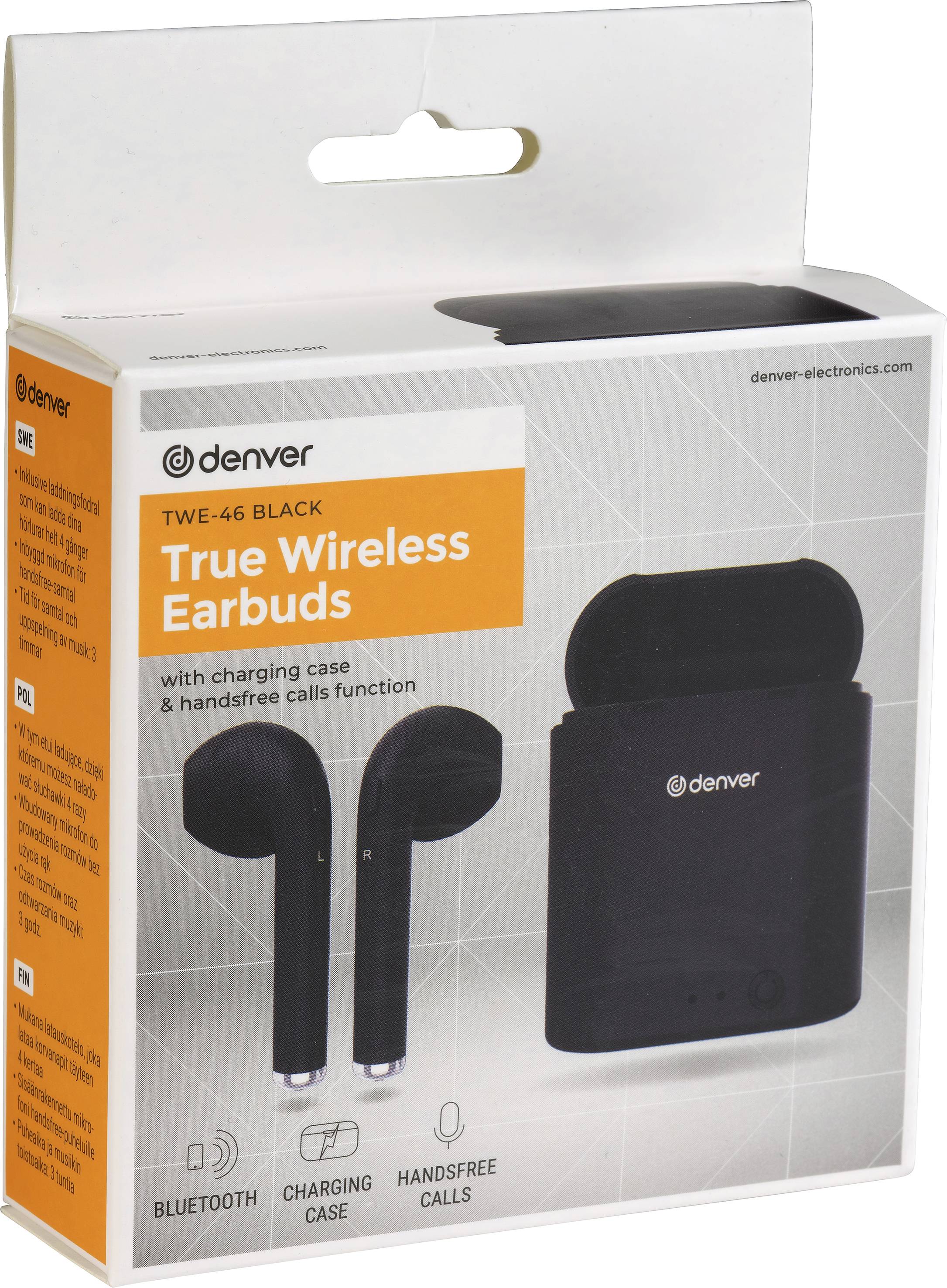 Schachtel mit kabellosen schwarzen Ohrhörern und Ladecase von Denver. Text: 'True Wireless Earbuds'. Enthält Bluetooth- und Freisprechfunktion.