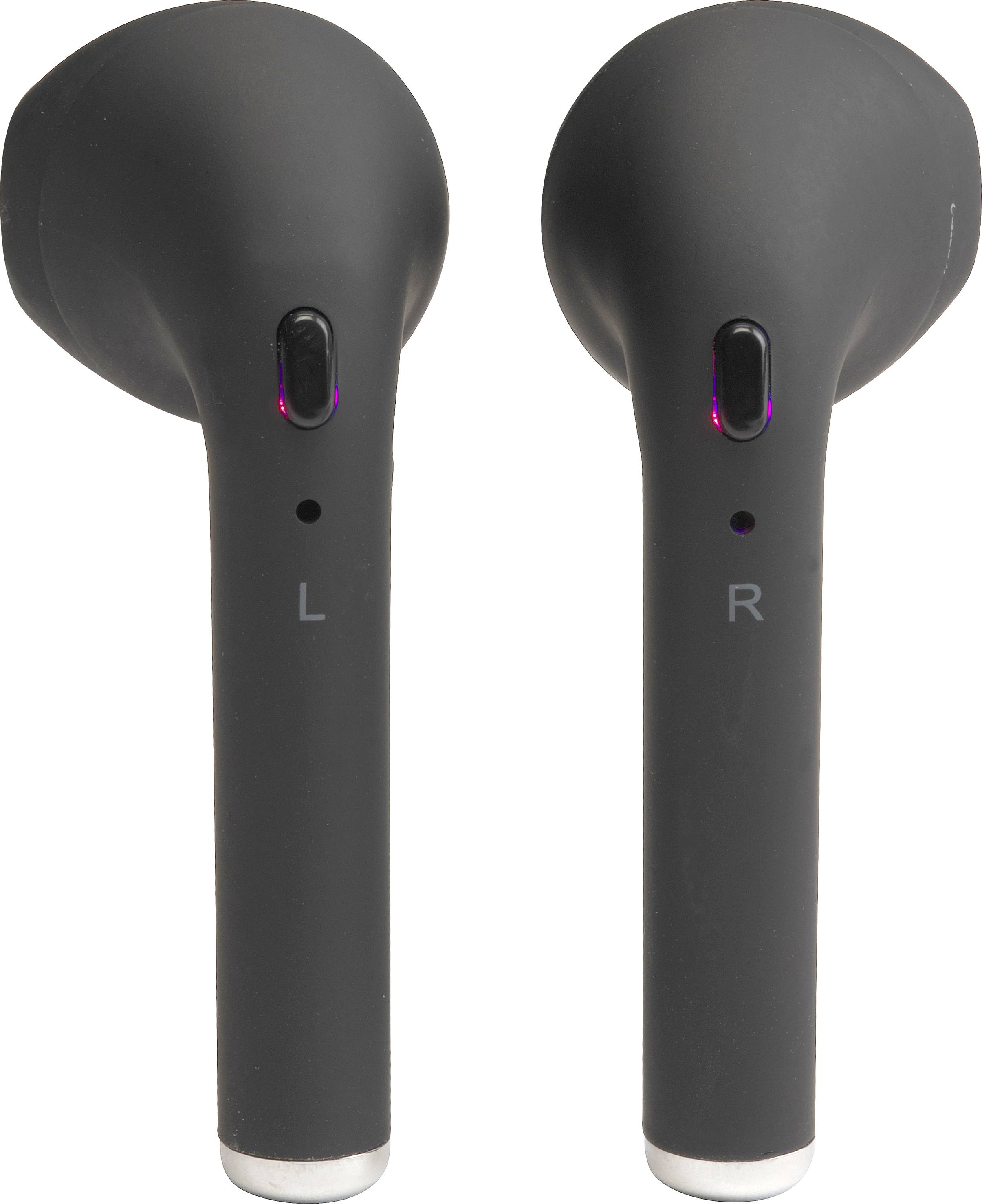 Schwarze kabellose Ohrhörer mit 'L' und 'R' Markierungen, zeigen Vorder- und Rückseite.