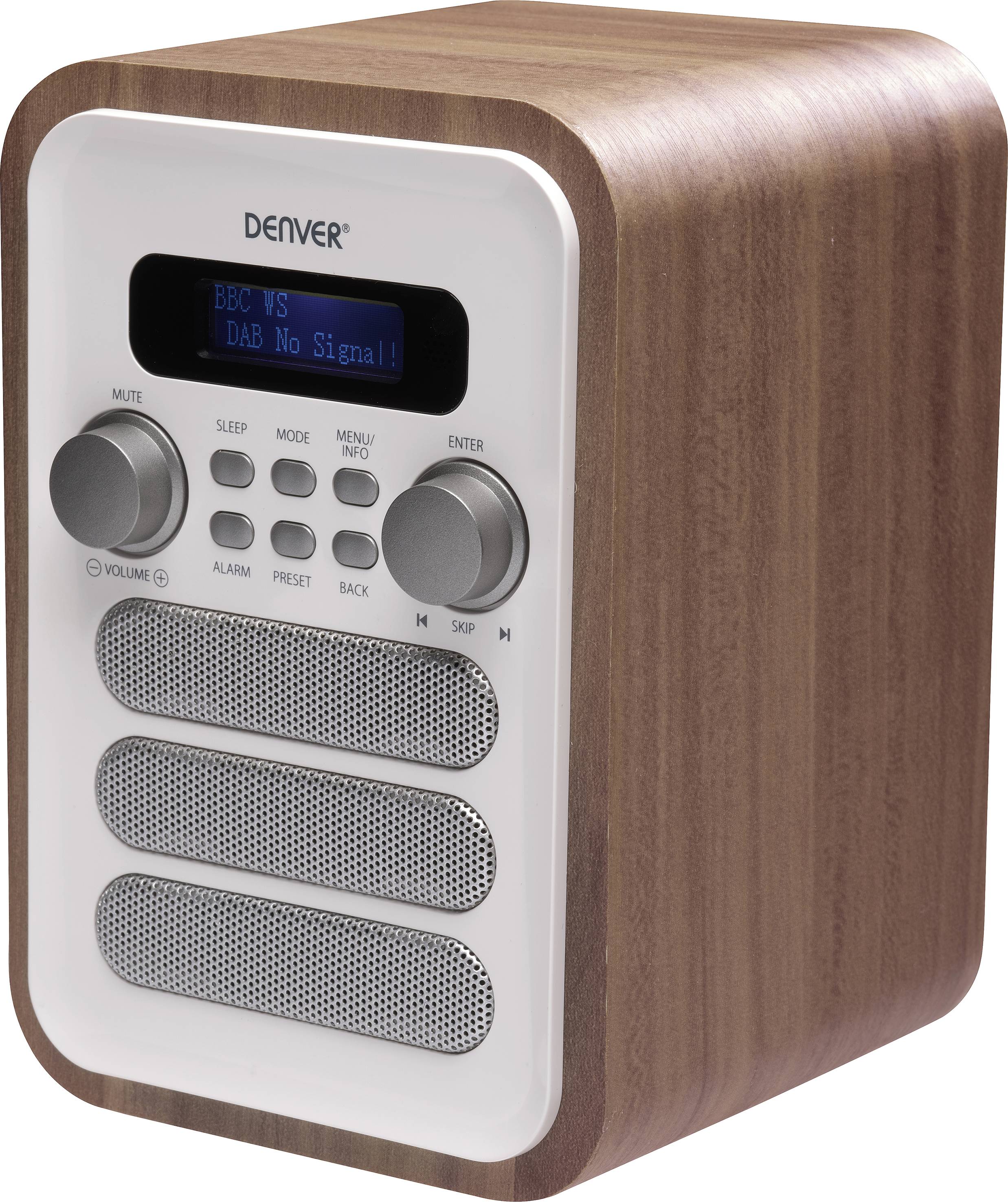 Ein kompaktes Digitalradio mit Holzgehäuse, Display zeigt 'DAB No Signal'. Bedienelemente und Lautsprecher sichtbar.
