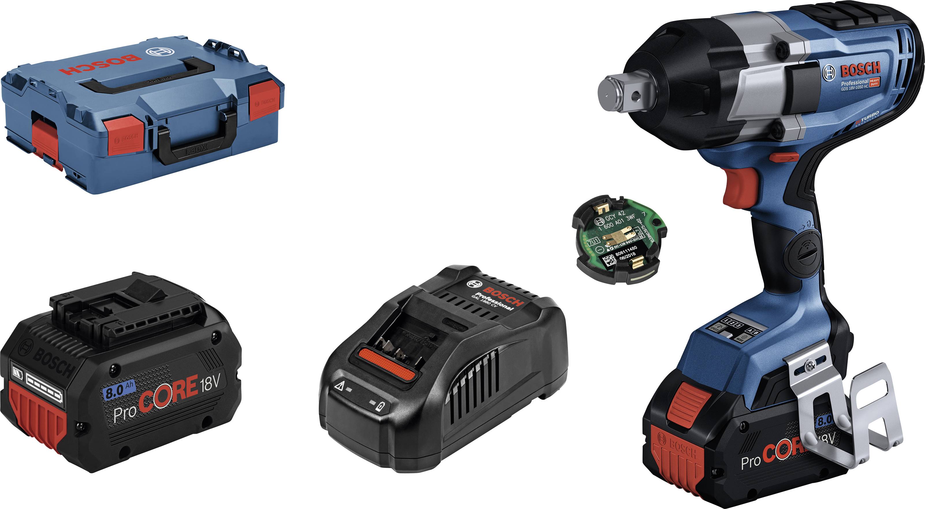 Akkuschlagschrauber-Set mit Akkuschlagschrauber, Ladegerät, Lithium-Ionen-Akku, elektronischem Modul und Transportkoffer.