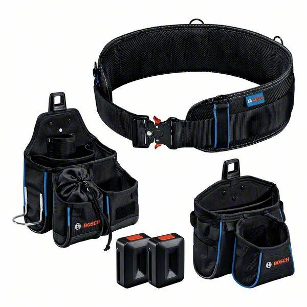 Werkzeuggürtel-Set mit Taschen und Akkus von Bosch. Enthält robuste Taschen für Werkzeuge und Zubehör, ideal für Handwerker.