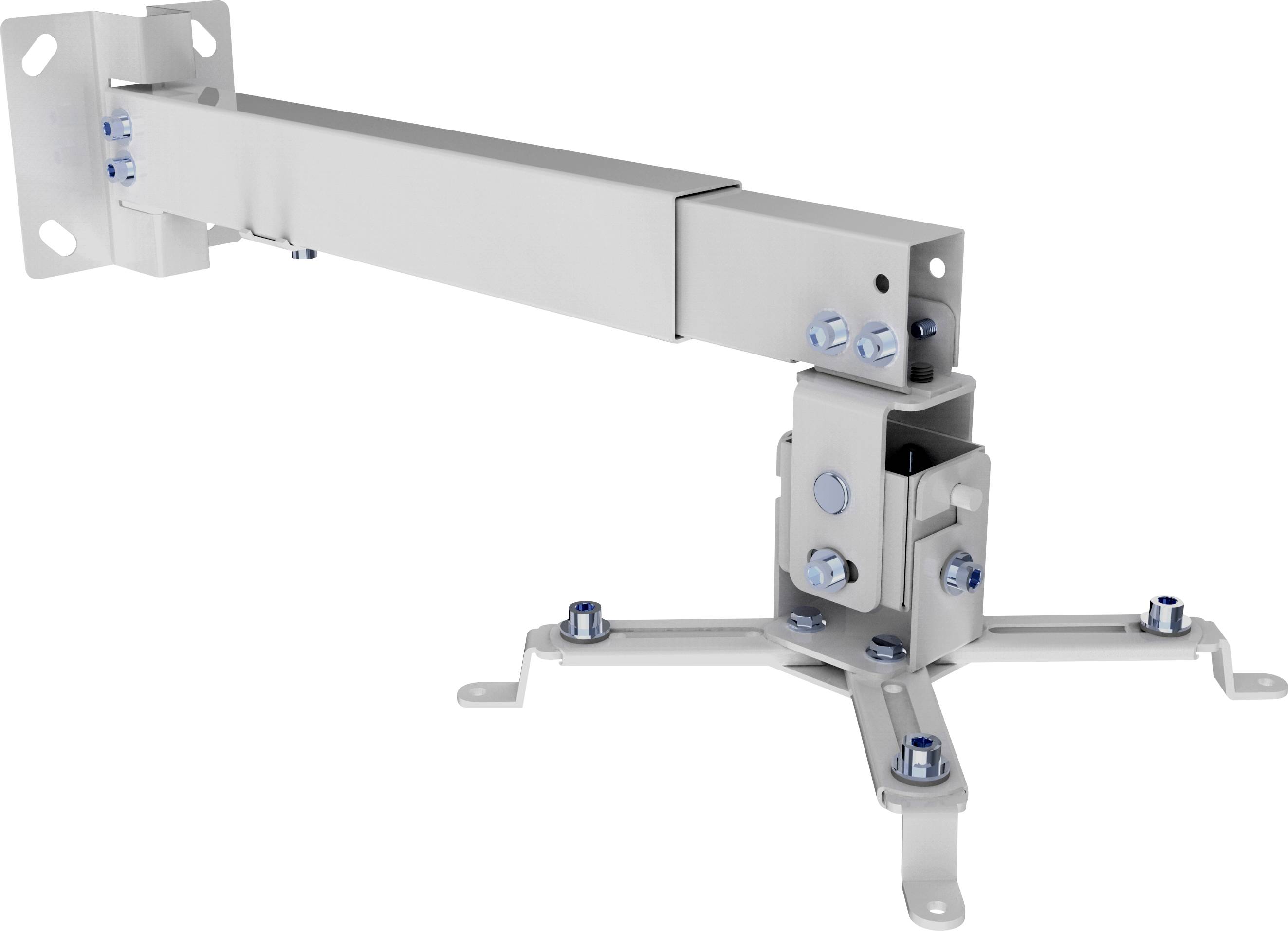 Verstellbare TV-Wandhalterung aus Metall, montiert, mit mehreren Schrauben für Stabilität und flexiblem Arm für verschiedene Blickwinkel.