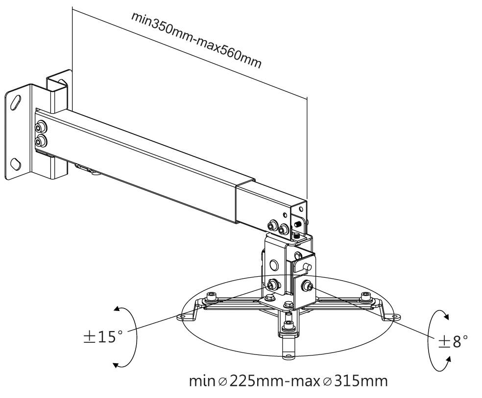 Zeichnung eines verstellbaren Projektorhalters mit Angaben: horizontal einstellbar von 350 mm bis 560 mm, vertikal neigbar ±8°, Basis rotierbar ±15°, Basisdurchmesser 225 mm bis 315 mm.