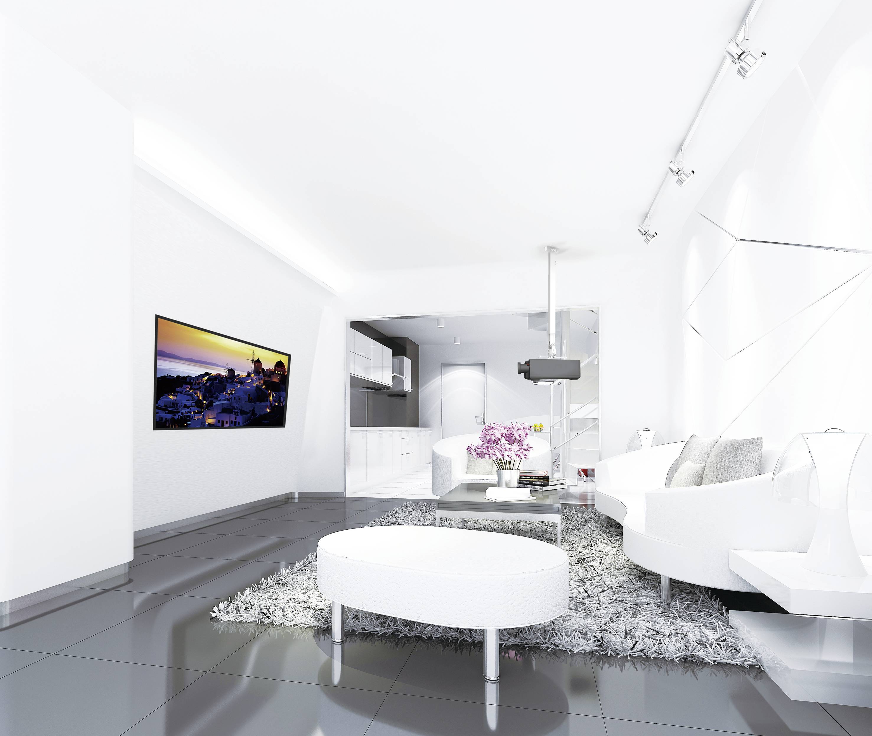 Helles Wohnzimmer mit modernem Design, weißen Möbeln und einem großen Fernseher an der Wand. Ein runder Tisch steht auf einem Teppich.