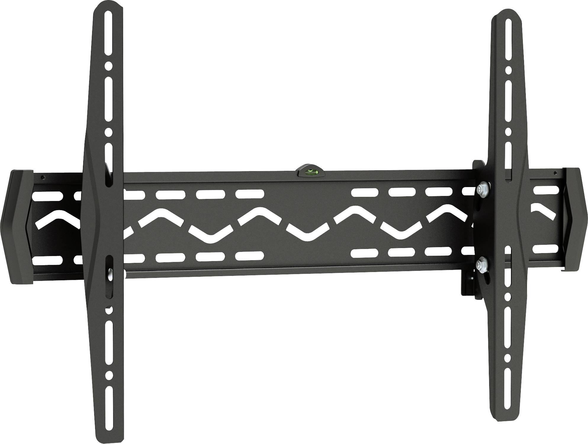 Eine schwarze Wandhalterung aus Metall zur Befestigung eines Fernsehers, mit verstellbaren Armen und integriertem kleinen Wasserwaagen.