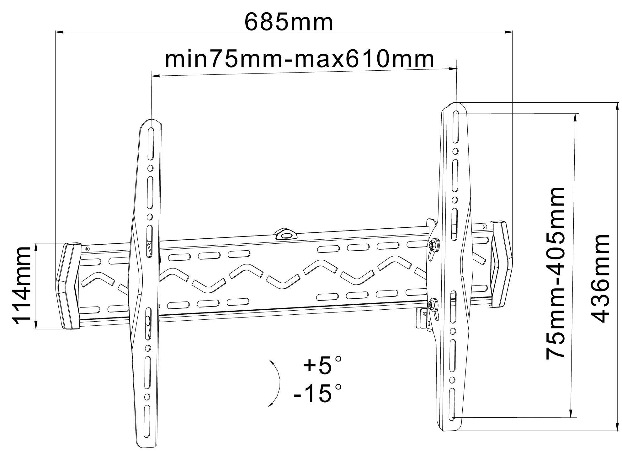 Abbildung einer Wandhalterung mit Maßen: Breite 685mm, Höhe 436mm, Tiefe 114mm, Neigungswinkel +5° bis -15°, verstellbare Breite 75-610mm.