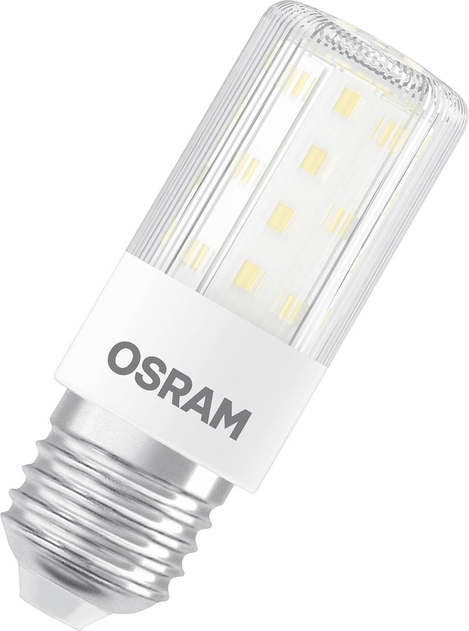 LED-Lampe von Osram mit E27-Sockel, zylindrische Form, transparentes Gehäuse, zeigt gelbliche Lichtquellen im Inneren.