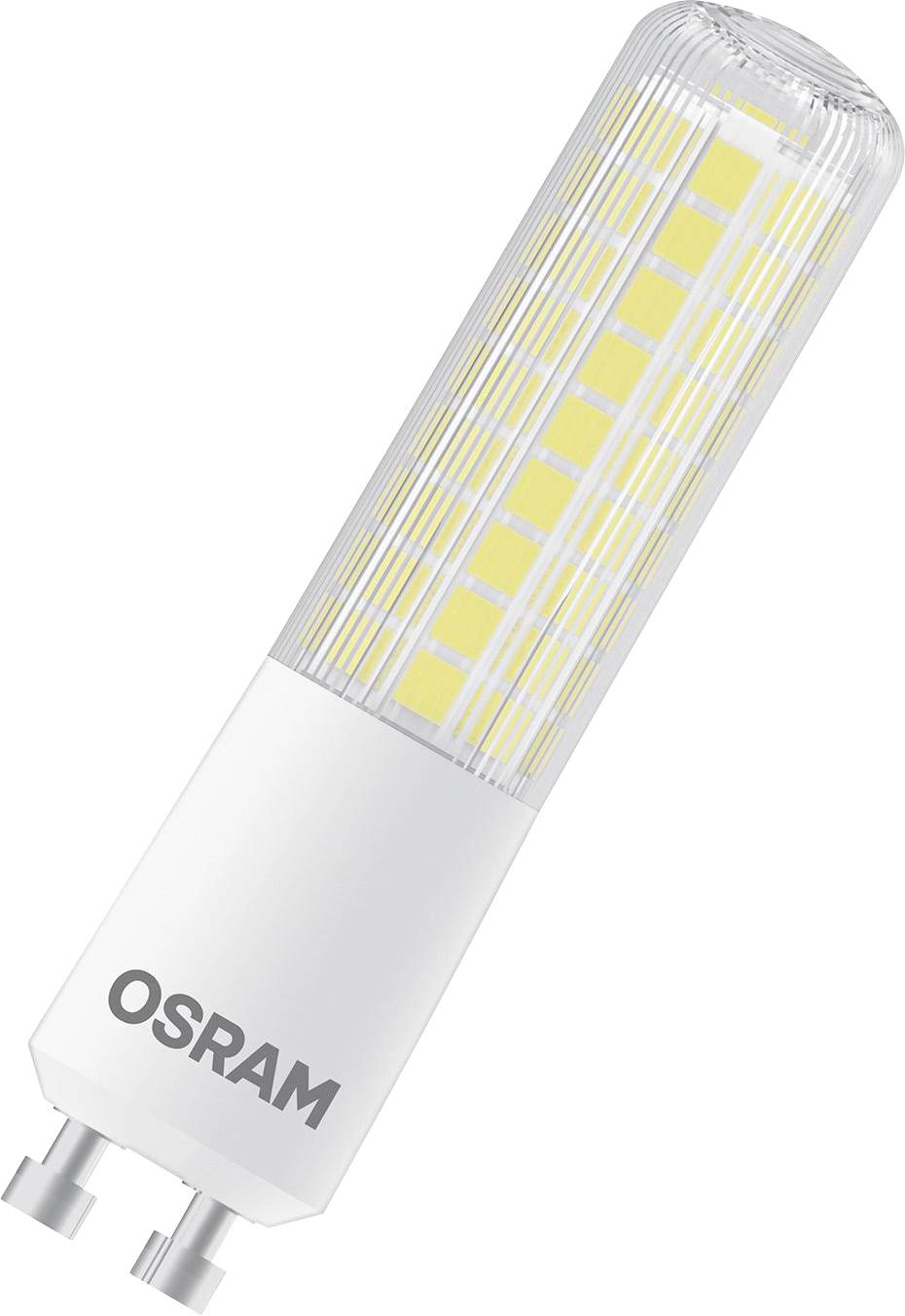 Eine LED-Lampe mit G9-Sockel von Osram, zylindrische Form, teilweise transparentes Gehäuse, sichtbar gelbe LED-Elemente.