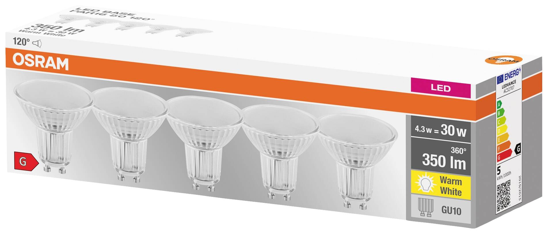 Verpackung der Osram LED-Lampe mit 350 Lumen und warmweißem Licht, Energieklasse G. Fünf Lampen abgebildet, GU10 Sockel.