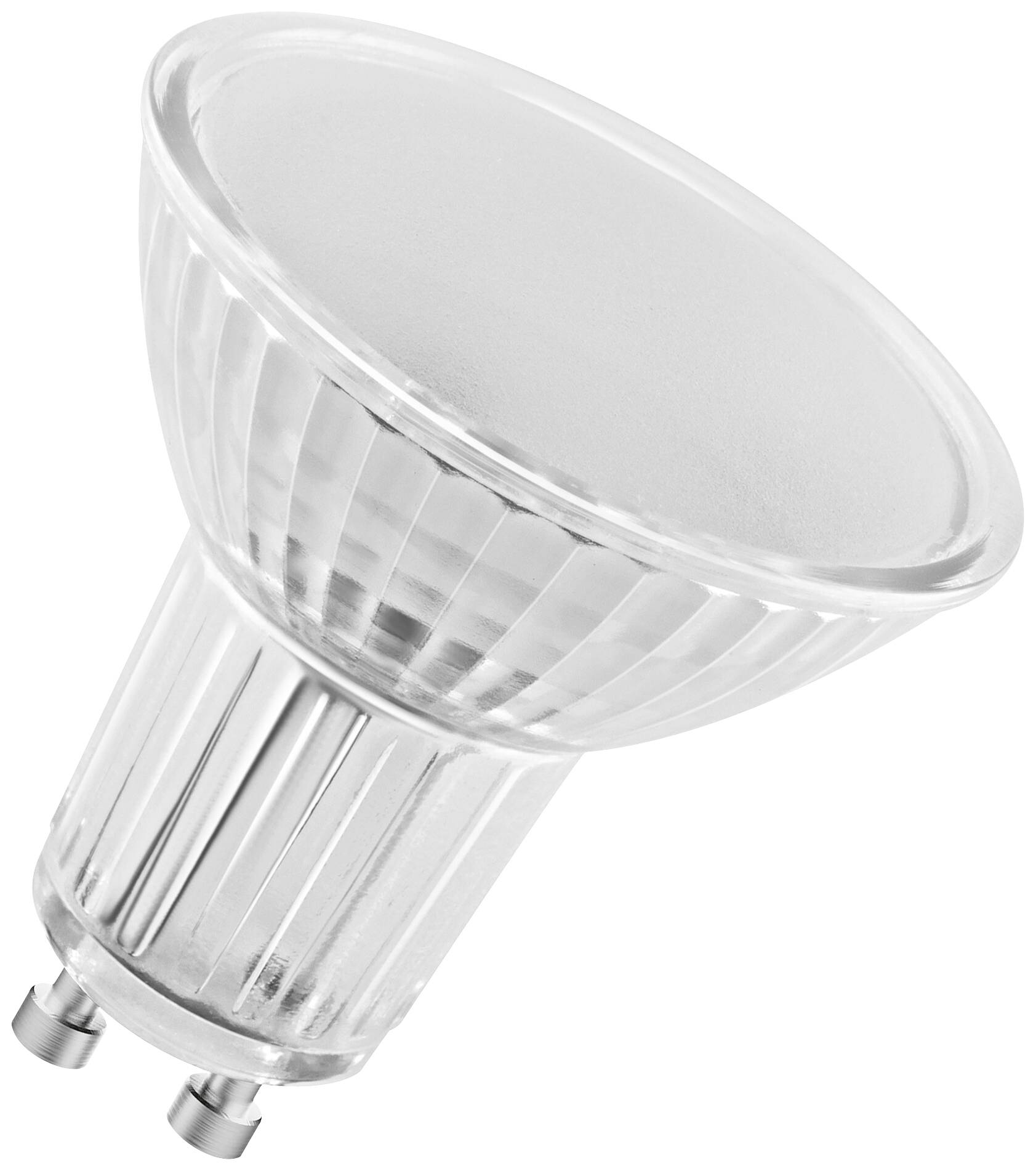 Eine LED-Glühlampe mit GU10-Sockel, typisch für moderne energieeffiziente Beleuchtung, auf hellem Hintergrund.