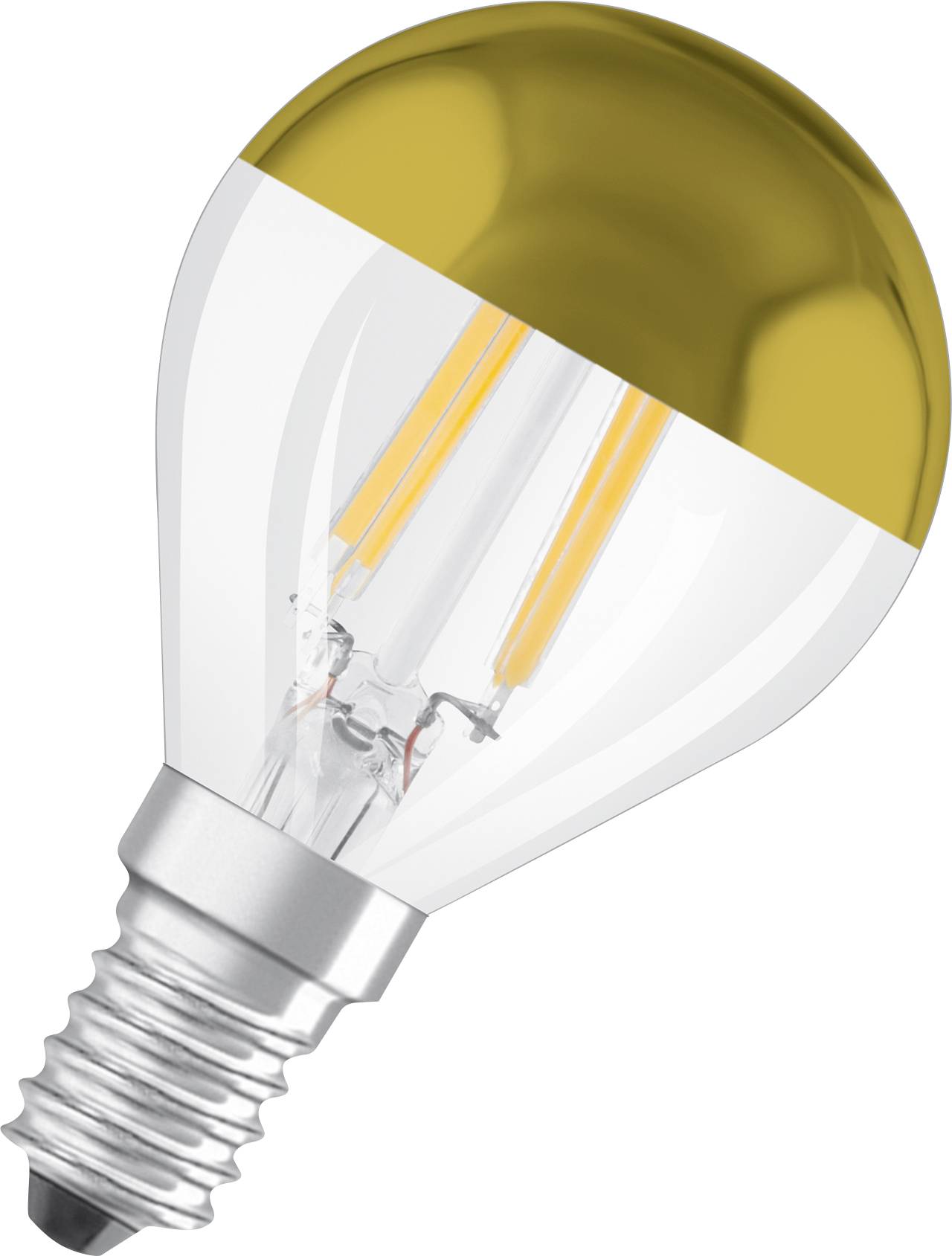 LED-Glühbirne mit E14-Sockel und goldener Kappe. Sie hat einen klaren Glaskolben und zeigt die sichtbaren Filamente im Inneren.