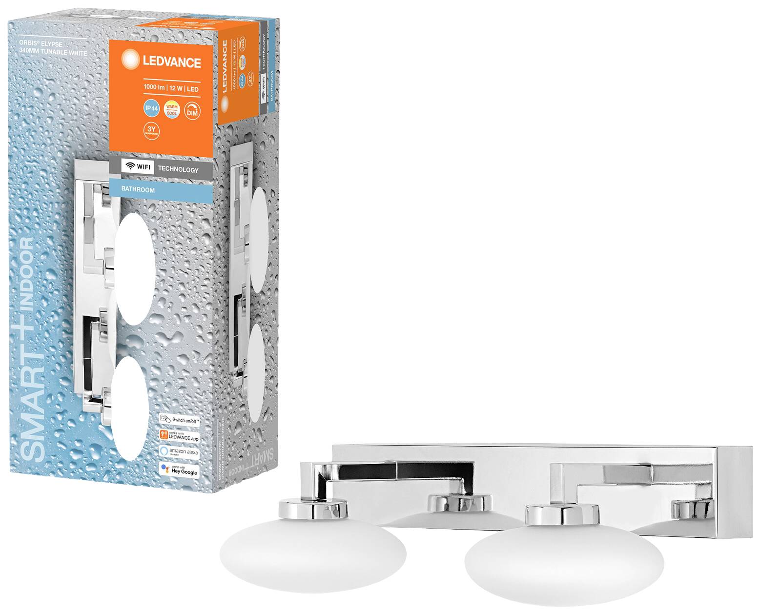 LED-Leuchte mit zwei runden Lampen in Chromhalterung, abgebildet neben der Verpackung mit Markenlogo und technischen Spezifikationen.