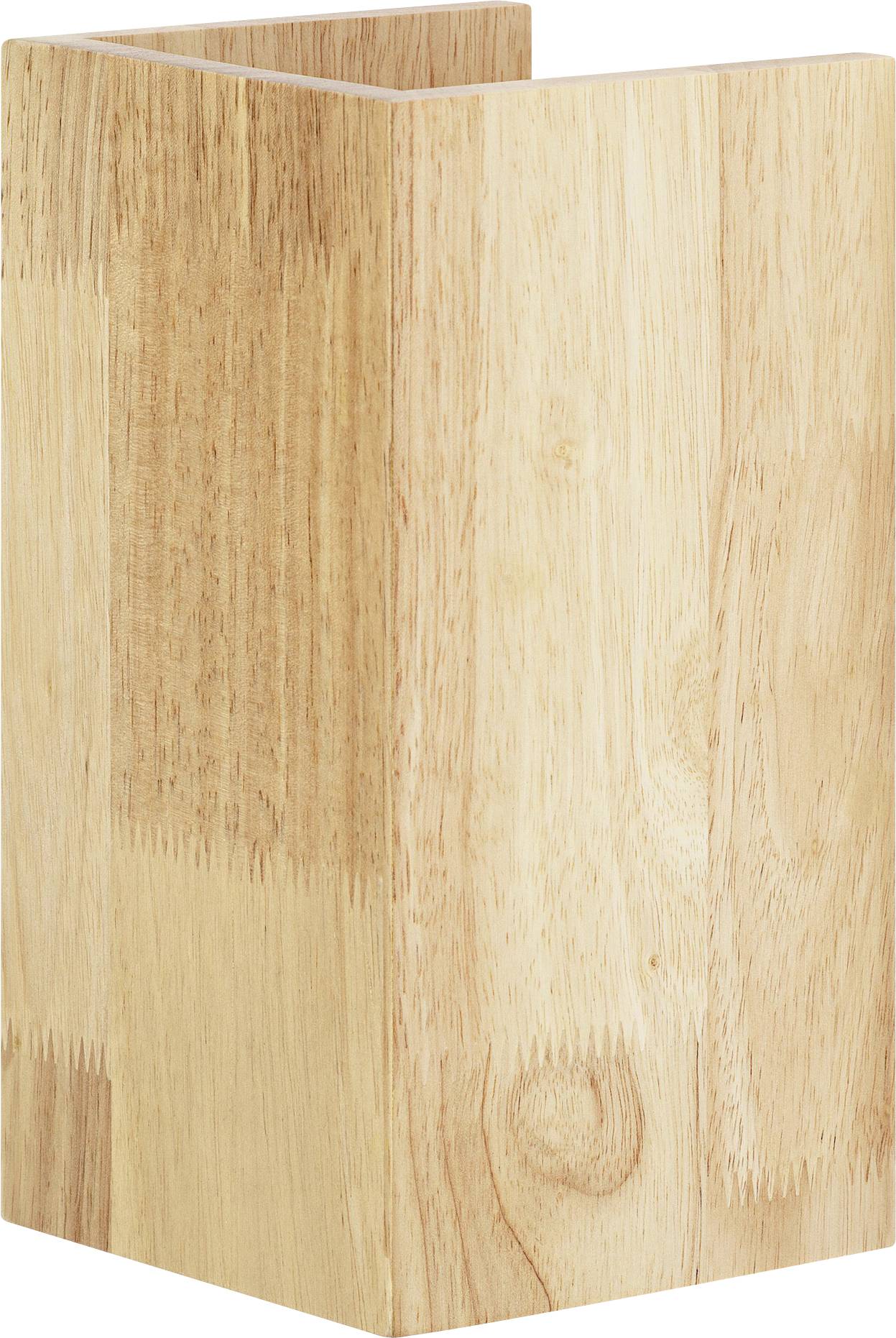 Holzblock in L-Form, wahrscheinlich für das Aufbewahren von Messern oder Küchenutensilien. Helle Holzmaserung sichtbar.