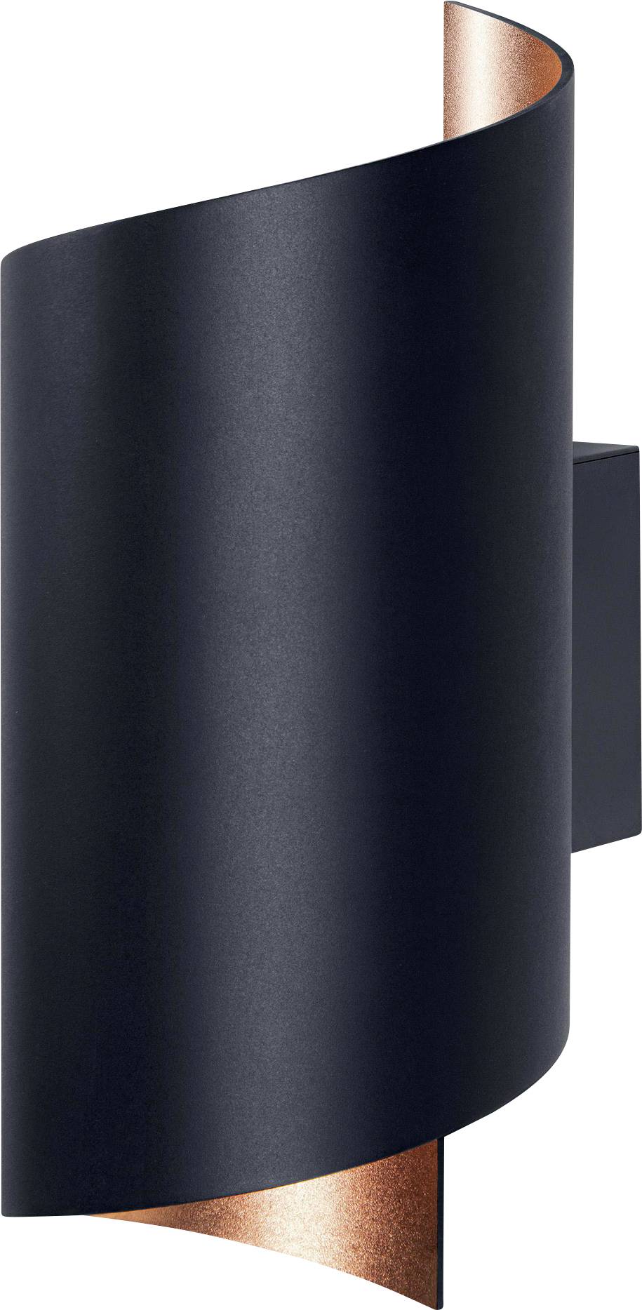 Schwarze Wandleuchte mit geschwungenem Design, kupferfarbene Innenseite sichtbar. Minimalistische und moderne Ästhetik.