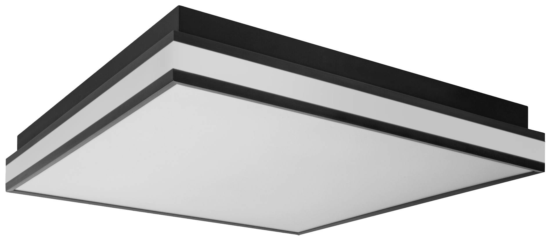 Rechteckige LED-Deckenleuchte mit schwarzem Rahmen und weißer Lichtfläche, modern und schlicht im Design.