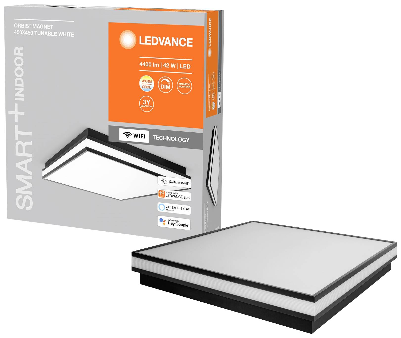 'LEDVANCE' LED-Licht mit 4400 lm und 42 W, dimmbar, smart indoor mit WiFi-Technologie. Verpackung zeigt Leuchte und Funktionen.