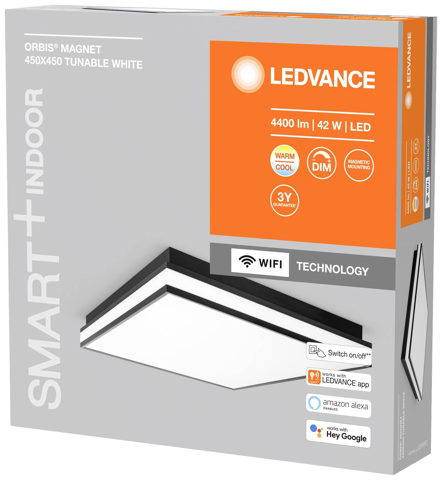 Verpackung einer LED-Deckenleuchte von LEDVANCE, 4400 lm, 42 W, mit WLAN-Technologie, dimmbar, kompatibel mit Alexa und Google Assistant.